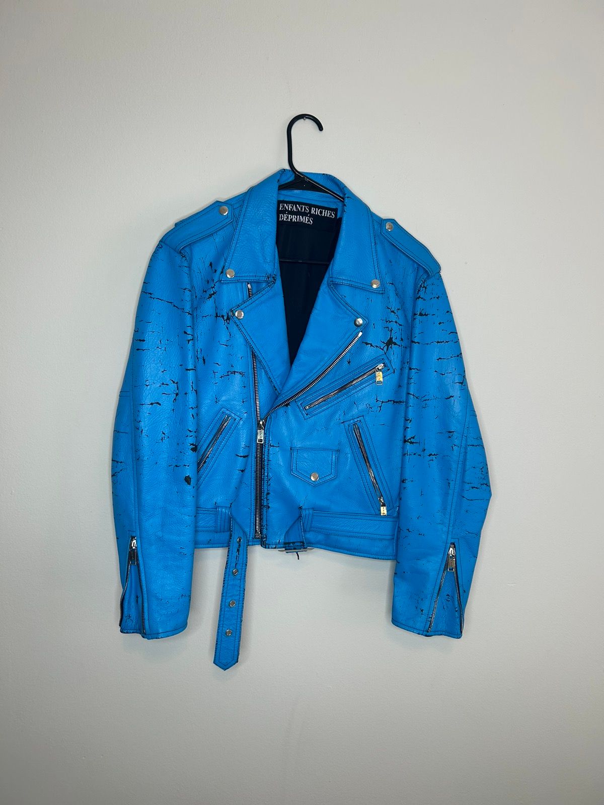 Pre-owned Enfants Riches Deprimes Grail Erd Cracked Painted Leather Jacket In Blue