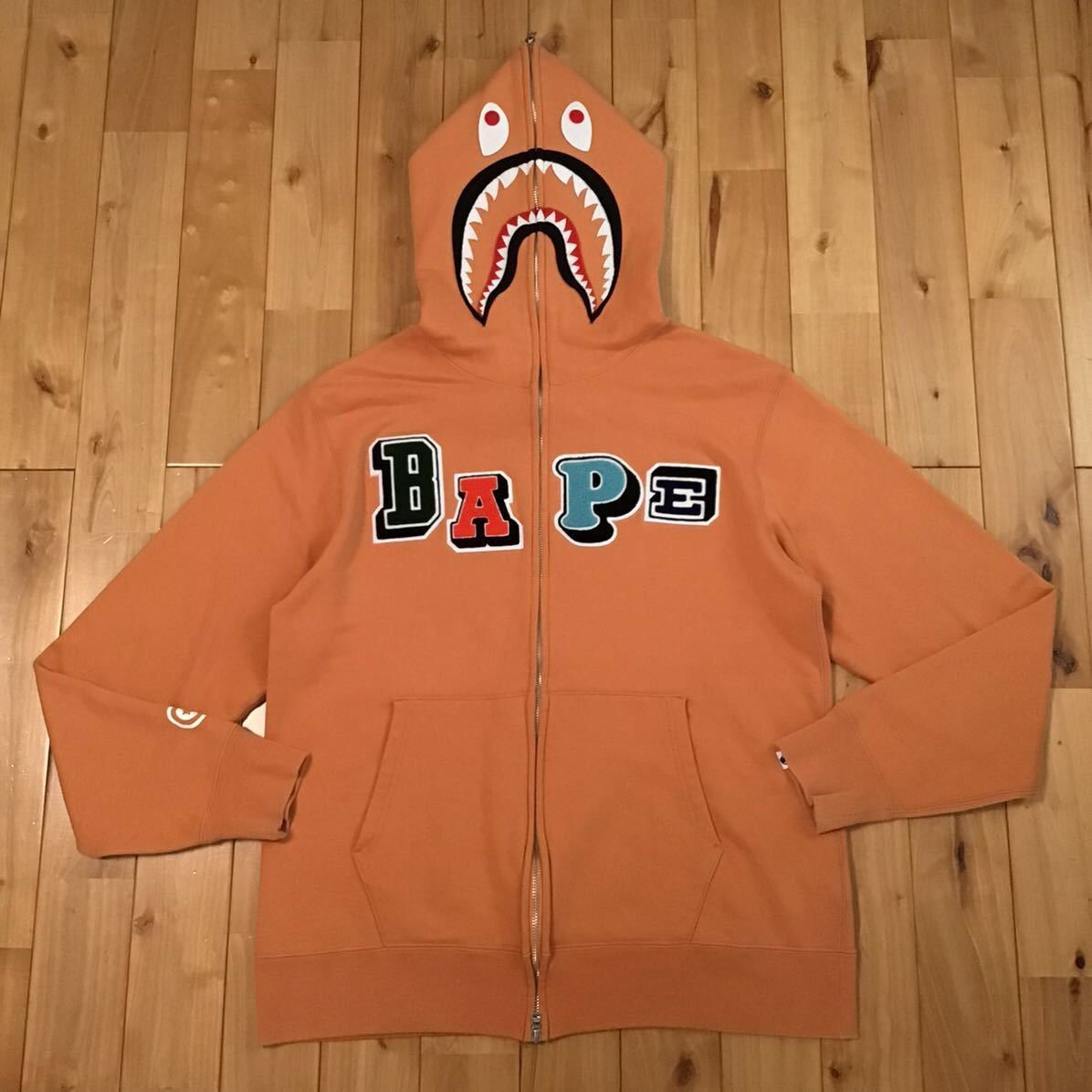 image of Bape Logo Multi Fonts Shark Full Zip Hoodie A Bathing Ape in Orange, Men's (Size 2XL)