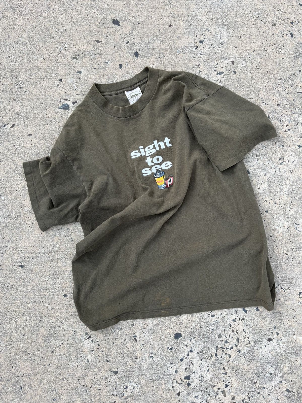 image of Vintage 90’S Mossimo “Sight To See” Faded T-Shirt in Khaki, Men's (Size Medium)