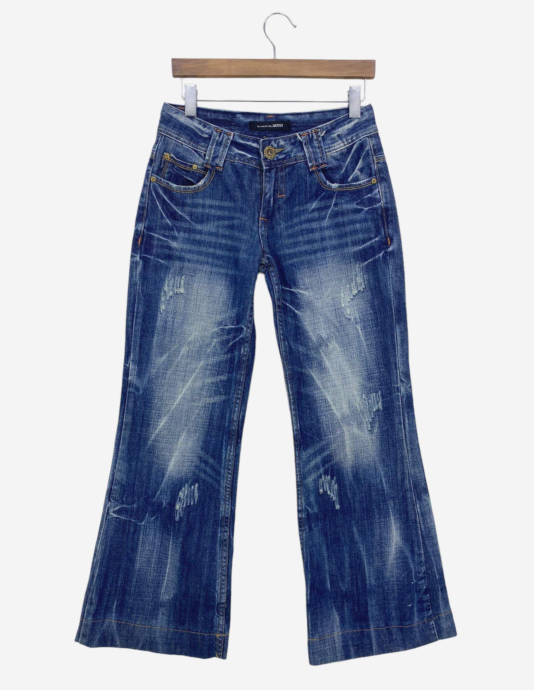 image of Distressed Denim Lolita Bootcut Denim Flare Jeans Japanese Embellish Jeans in Blue, Women's (Size 2