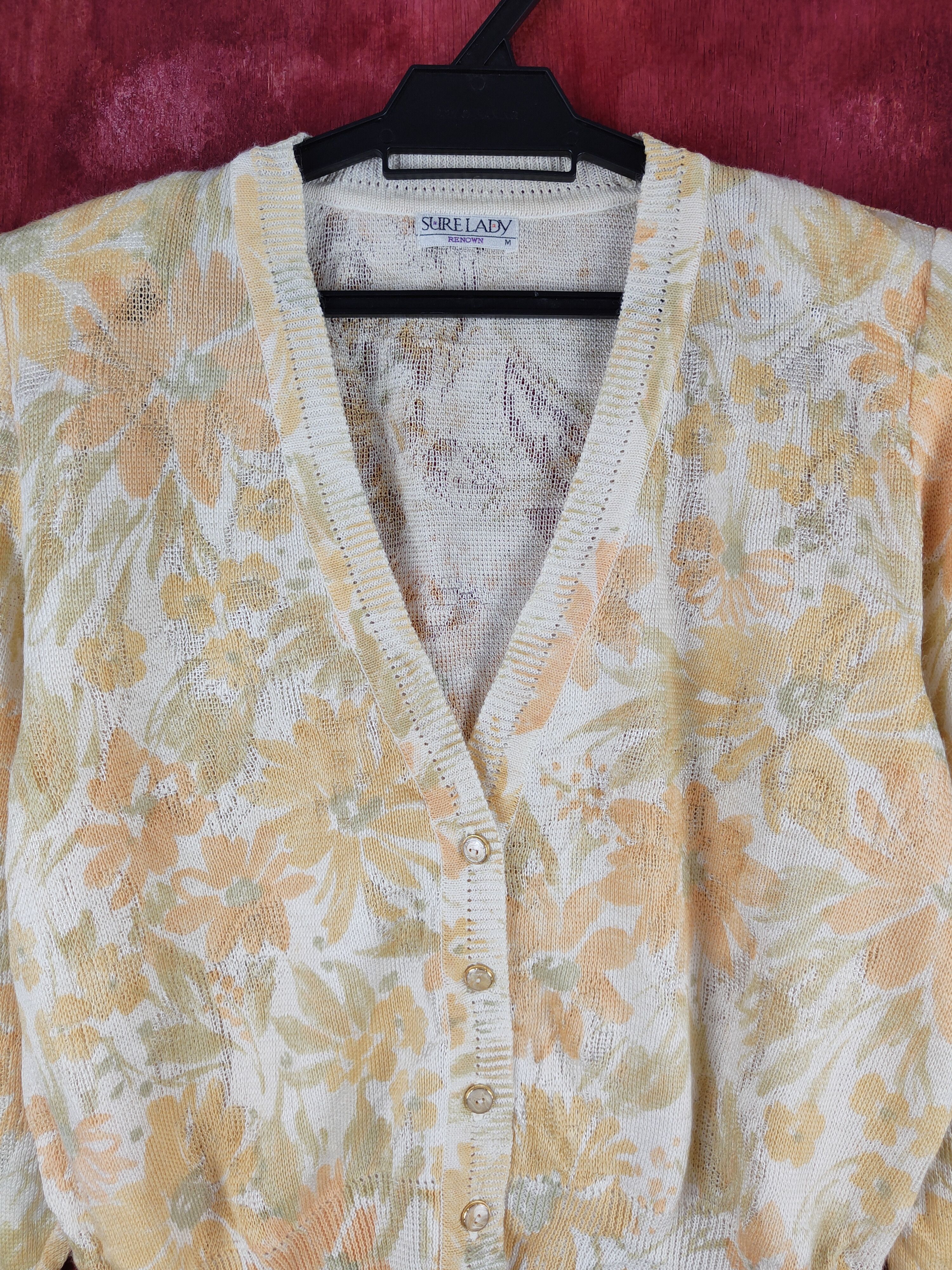 Vintage Sure Lady-Renown flower Yellow Knitwear Cardigan #S860 Size M / US 6-8 / IT 42-44 - 2 Thumbnail