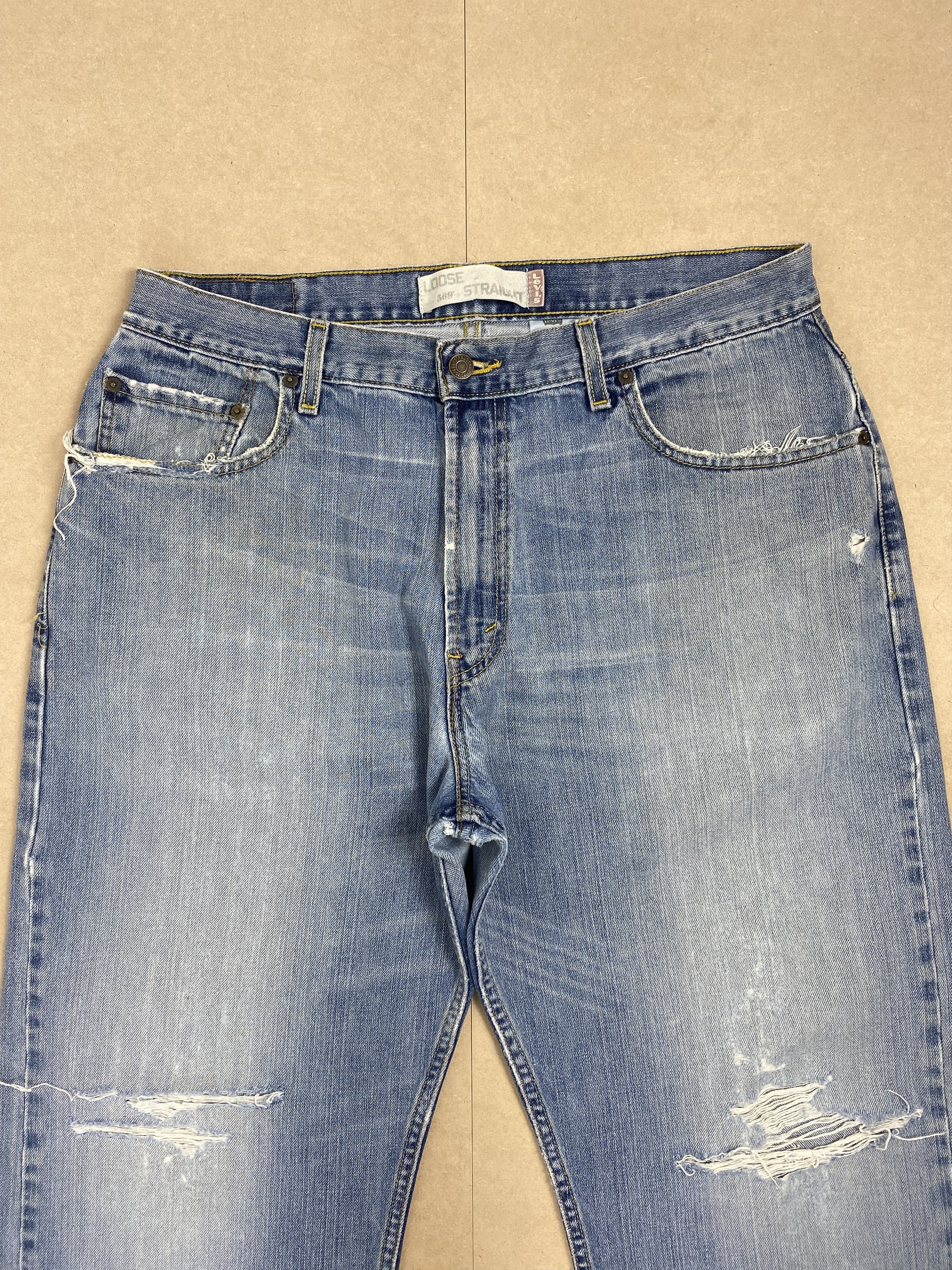 Levi's × Vintage Vintage Levis 569 Straight Cut Distressed Faded Blue Jeans Size US 35 - 2 Thumbnail