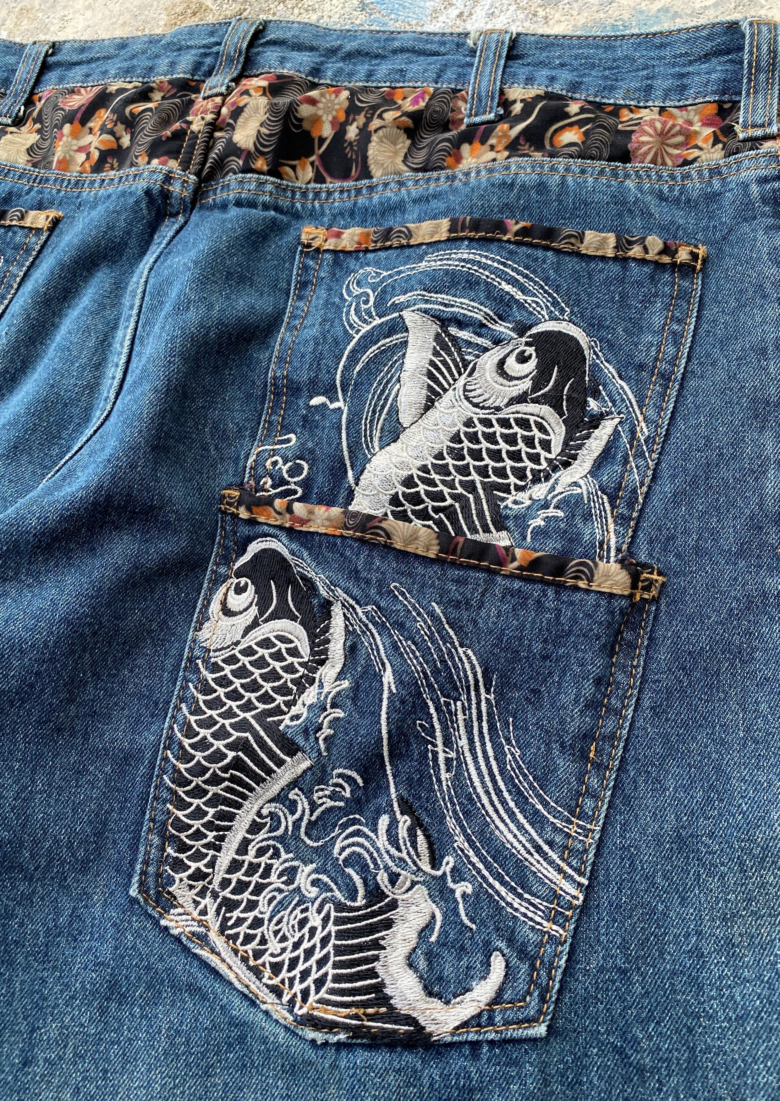 Japanese Brand SICKS💥Vintage Dominate Denim Embroidery Japanese Koi Fish Size US 28 / EU 44 - 13 Thumbnail