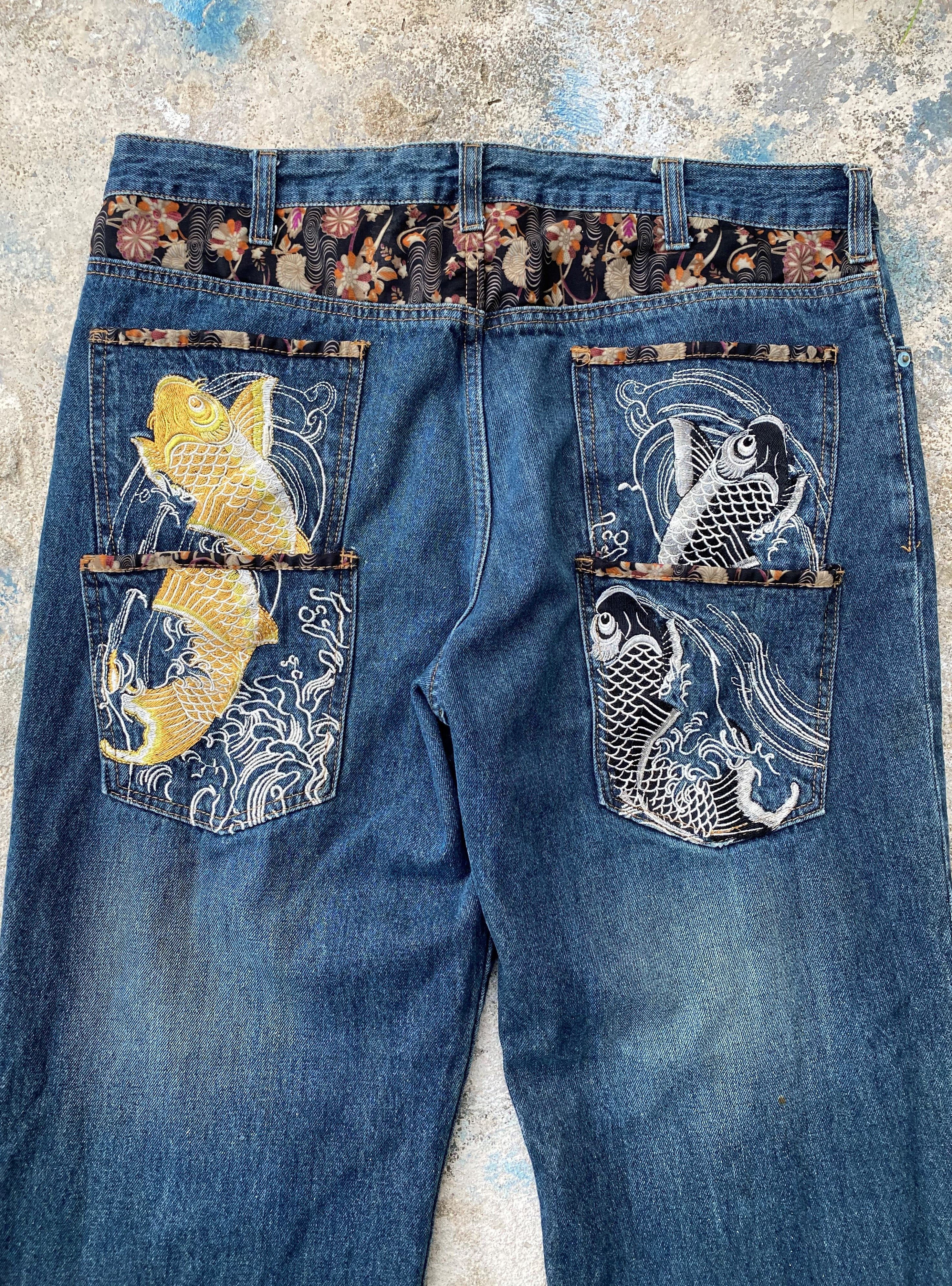 Japanese Brand SICKS💥Vintage Dominate Denim Embroidery Japanese Koi Fish Size US 28 / EU 44 - 10 Thumbnail