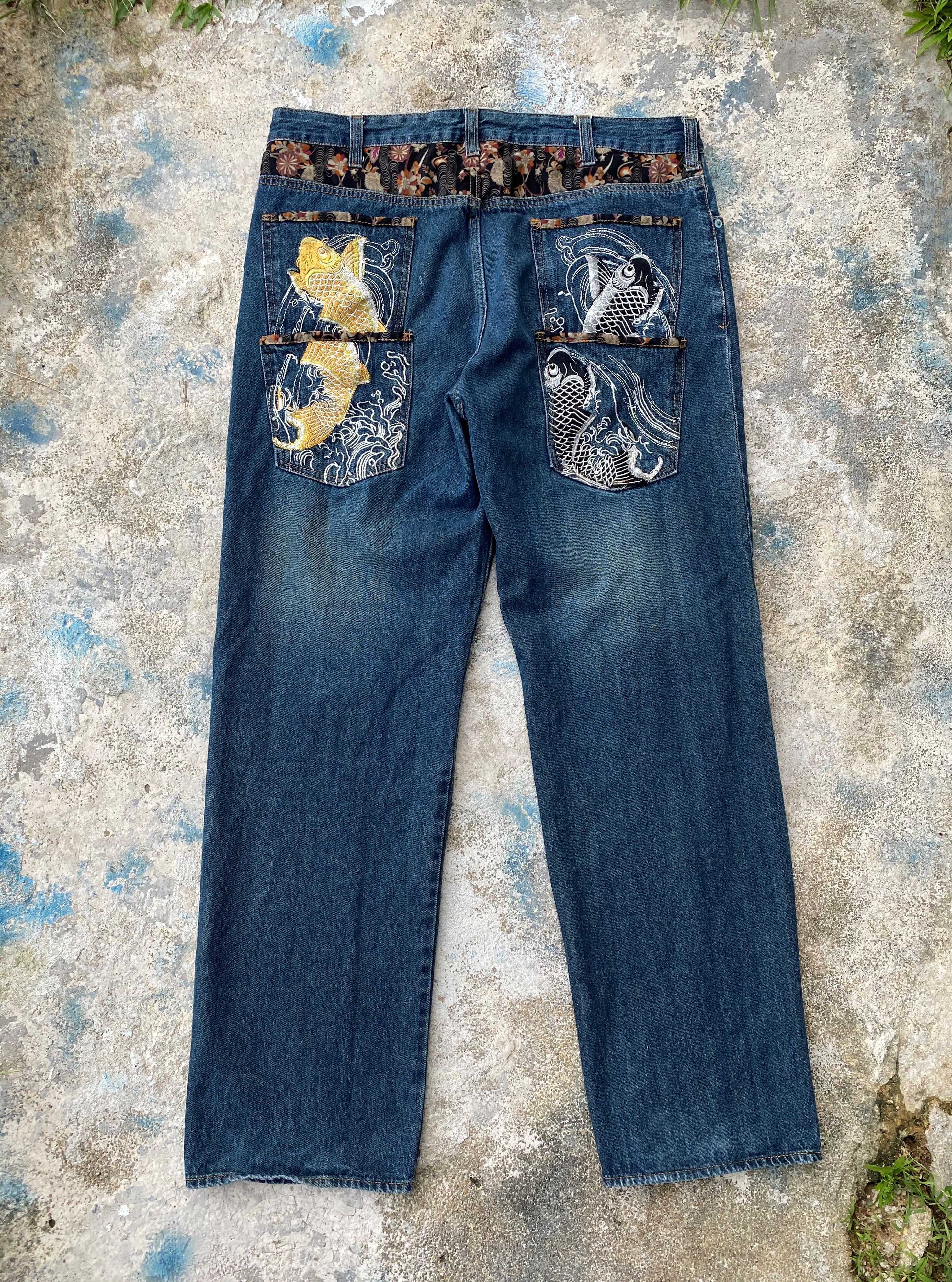 Japanese Brand SICKS💥Vintage Dominate Denim Embroidery Japanese Koi Fish Size US 28 / EU 44 - 1 Thumbnail