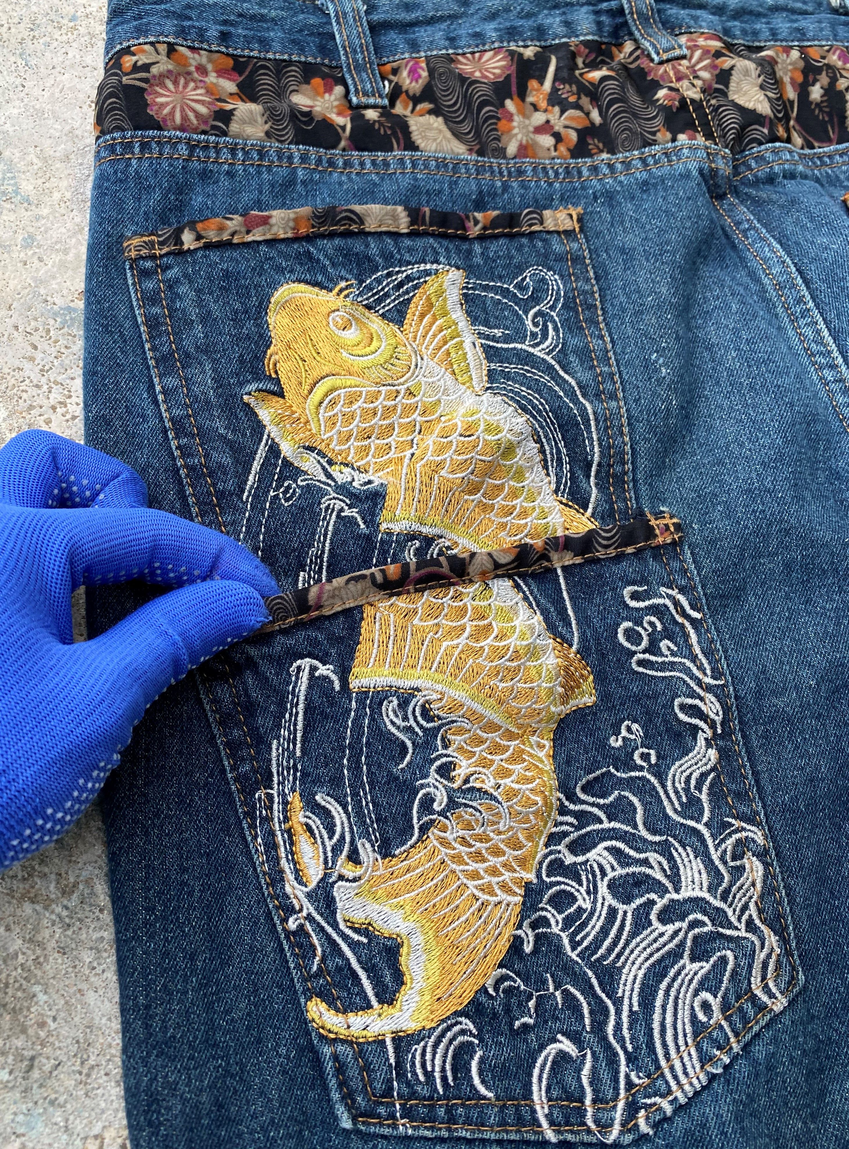Japanese Brand SICKS💥Vintage Dominate Denim Embroidery Japanese Koi Fish Size US 28 / EU 44 - 12 Thumbnail