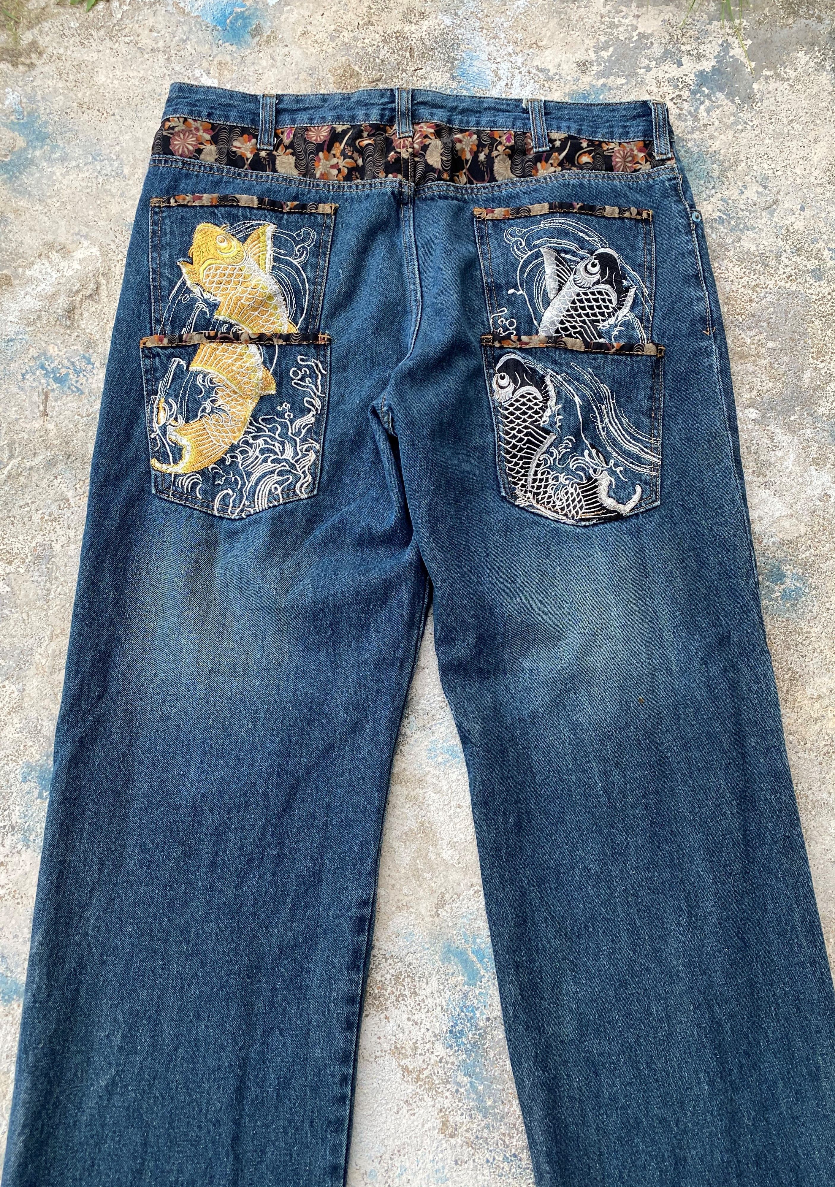 Japanese Brand SICKS💥Vintage Dominate Denim Embroidery Japanese Koi Fish Size US 28 / EU 44 - 2 Thumbnail