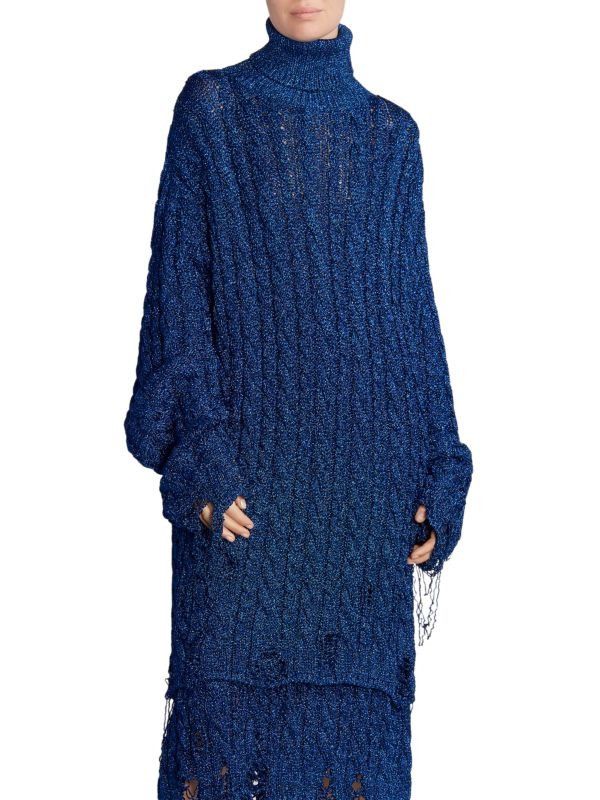 Image of Balenciaga Distressed Oversized Lurex Turtleneck Sweater in Blue, Men's (Size Small)