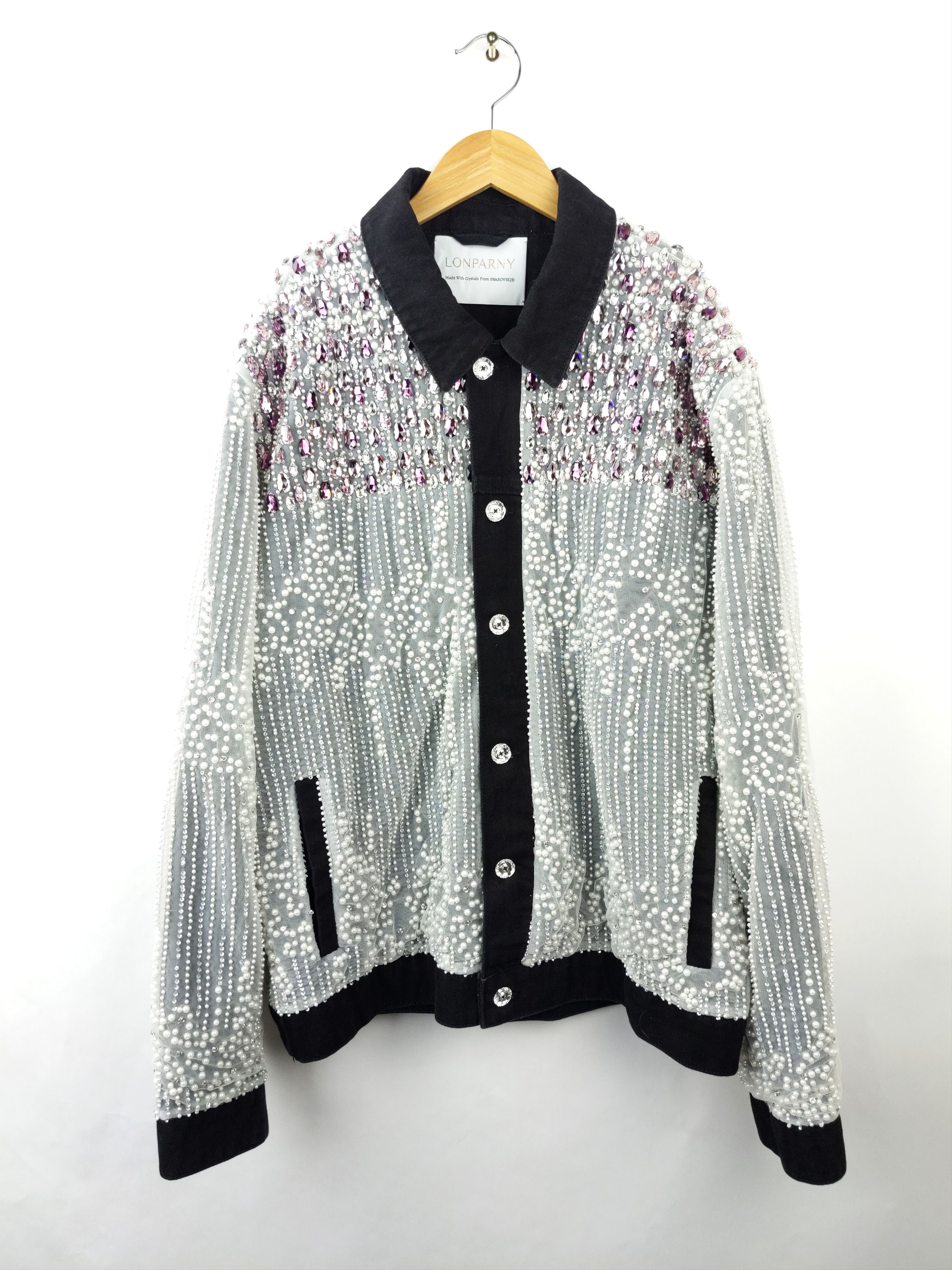 Designer $8K LONPARNY Custom Swarovski Pearls Crystal Denim Jacket Size US L / EU 52-54 / 3 - 1 Thumbnail