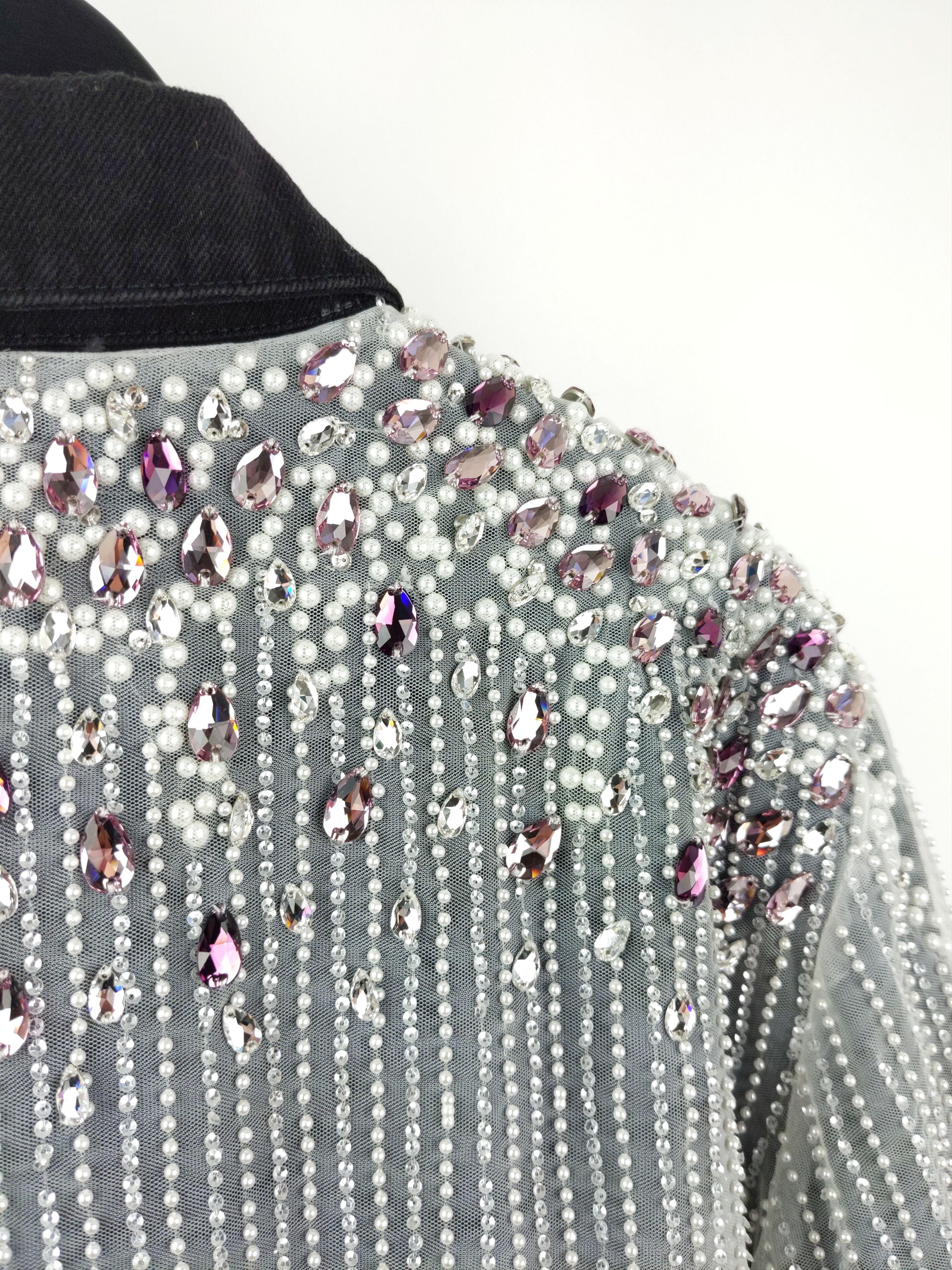 Designer $8K LONPARNY Custom Swarovski Pearls Crystal Denim Jacket Size US L / EU 52-54 / 3 - 7 Thumbnail