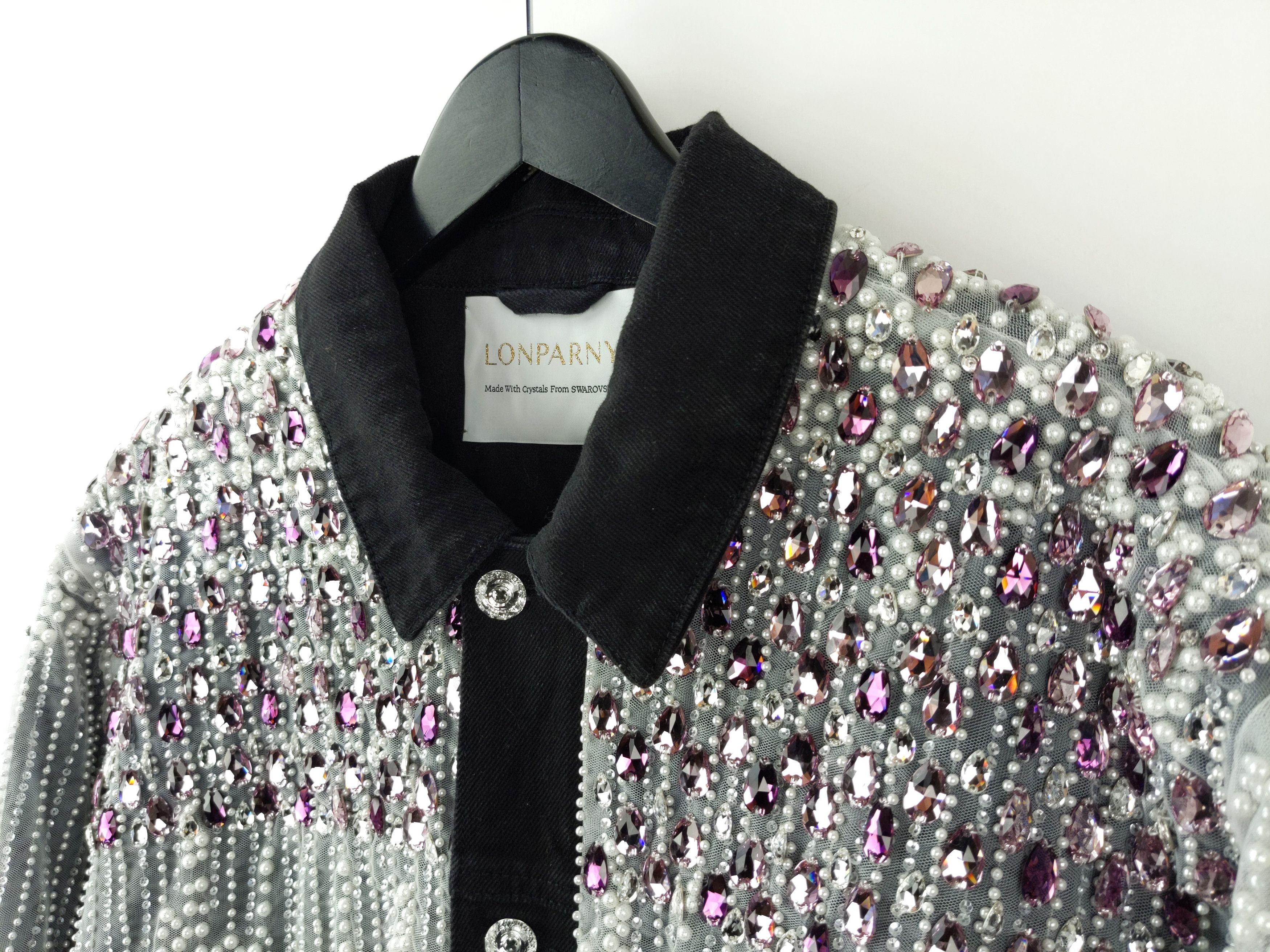 Designer $8K LONPARNY Custom Swarovski Pearls Crystal Denim Jacket Size US L / EU 52-54 / 3 - 4 Thumbnail