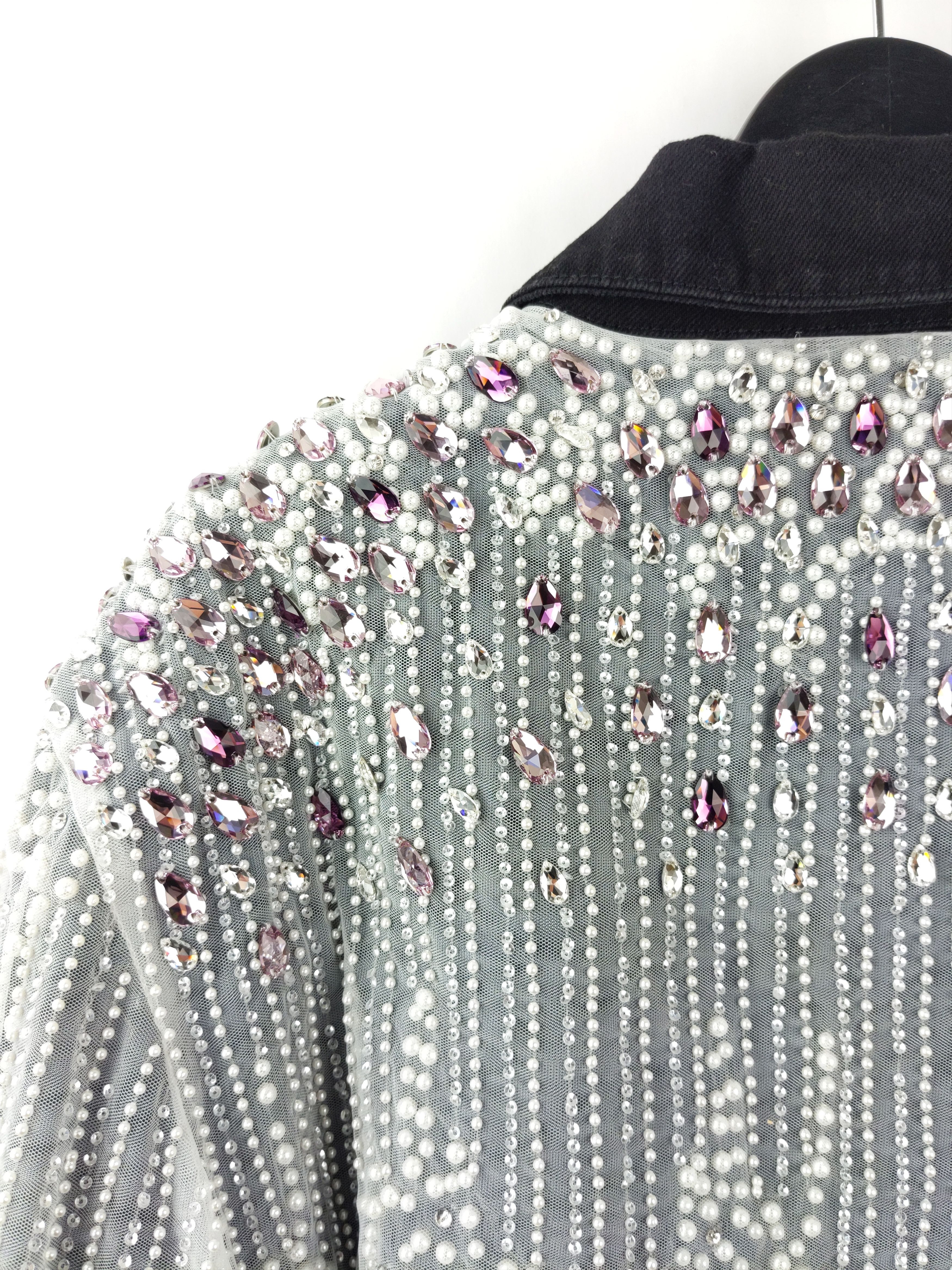 Designer $8K LONPARNY Custom Swarovski Pearls Crystal Denim Jacket Size US L / EU 52-54 / 3 - 11 Thumbnail