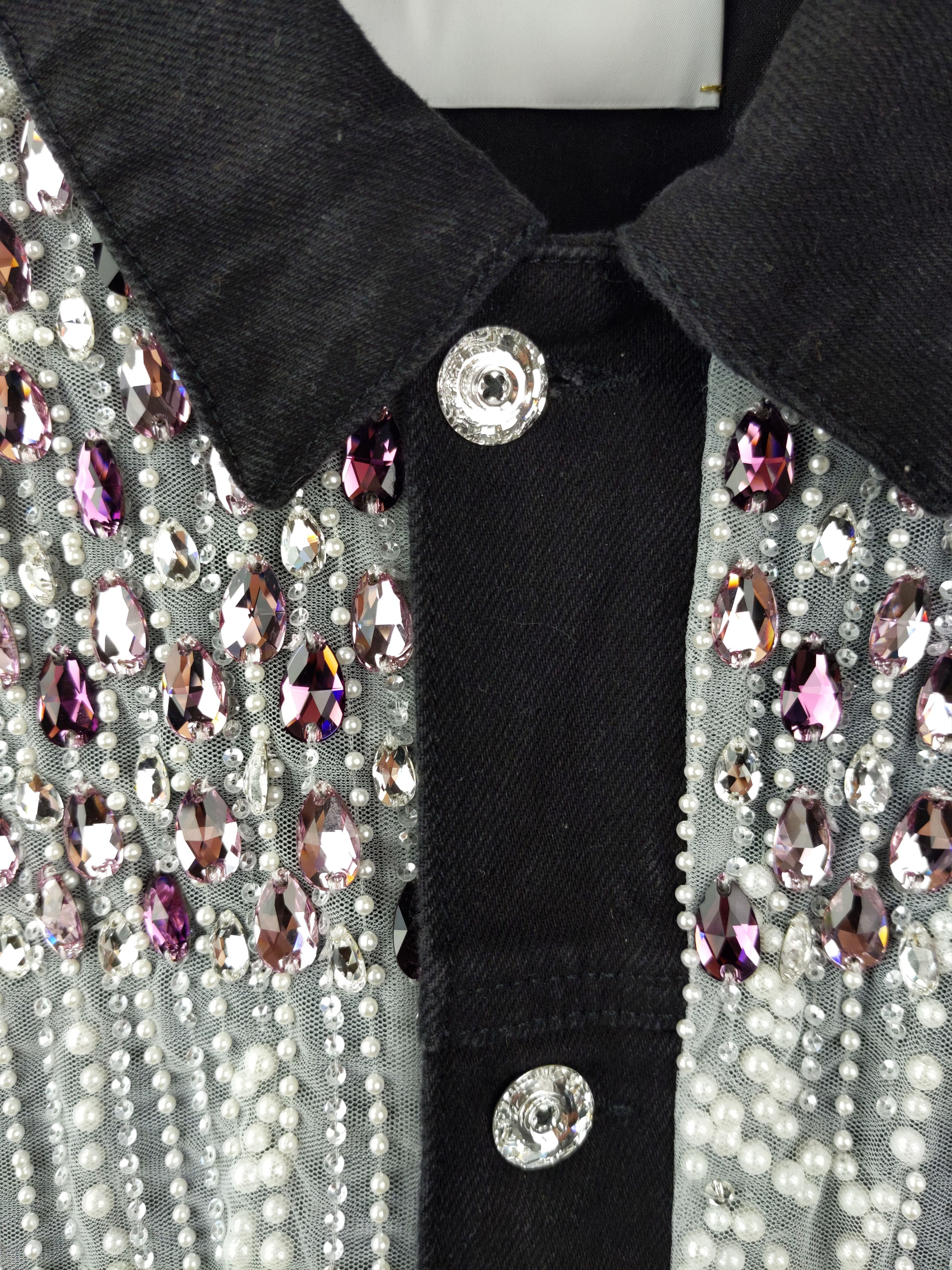 Designer $8K LONPARNY Custom Swarovski Pearls Crystal Denim Jacket Size US L / EU 52-54 / 3 - 12 Thumbnail