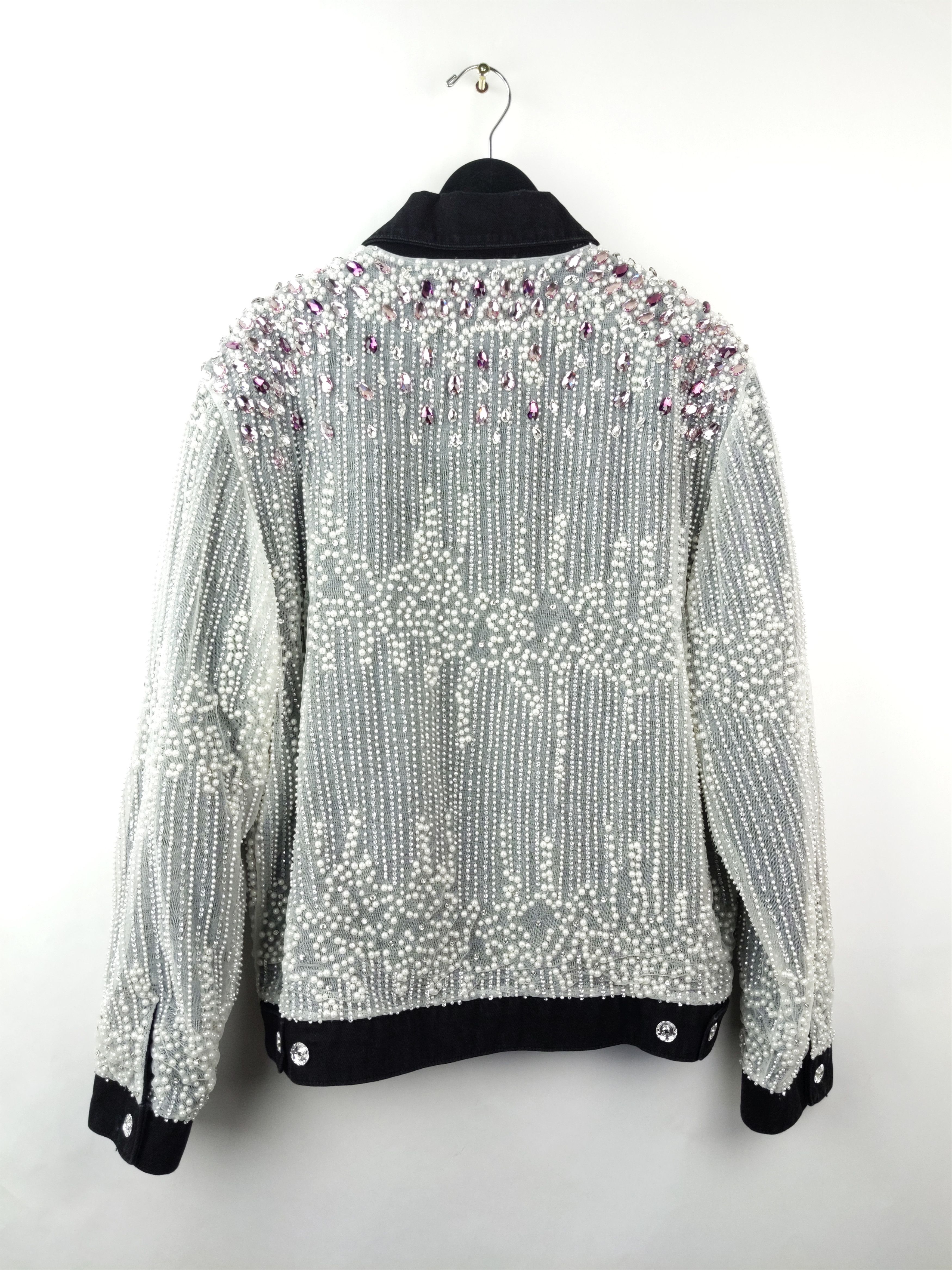 Designer $8K LONPARNY Custom Swarovski Pearls Crystal Denim Jacket Size US L / EU 52-54 / 3 - 3 Thumbnail