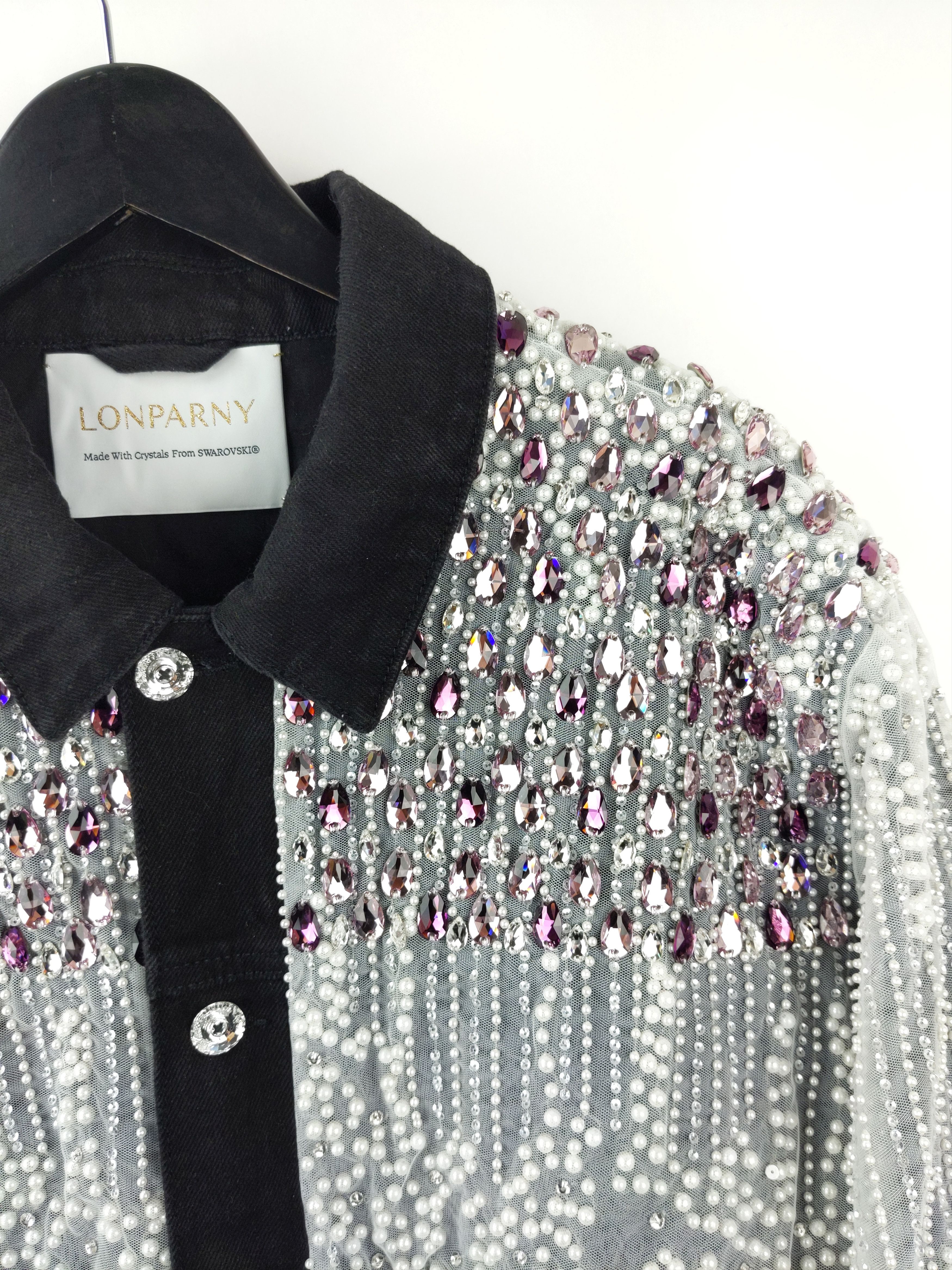 Designer $8K LONPARNY Custom Swarovski Pearls Crystal Denim Jacket Size US L / EU 52-54 / 3 - 2 Thumbnail