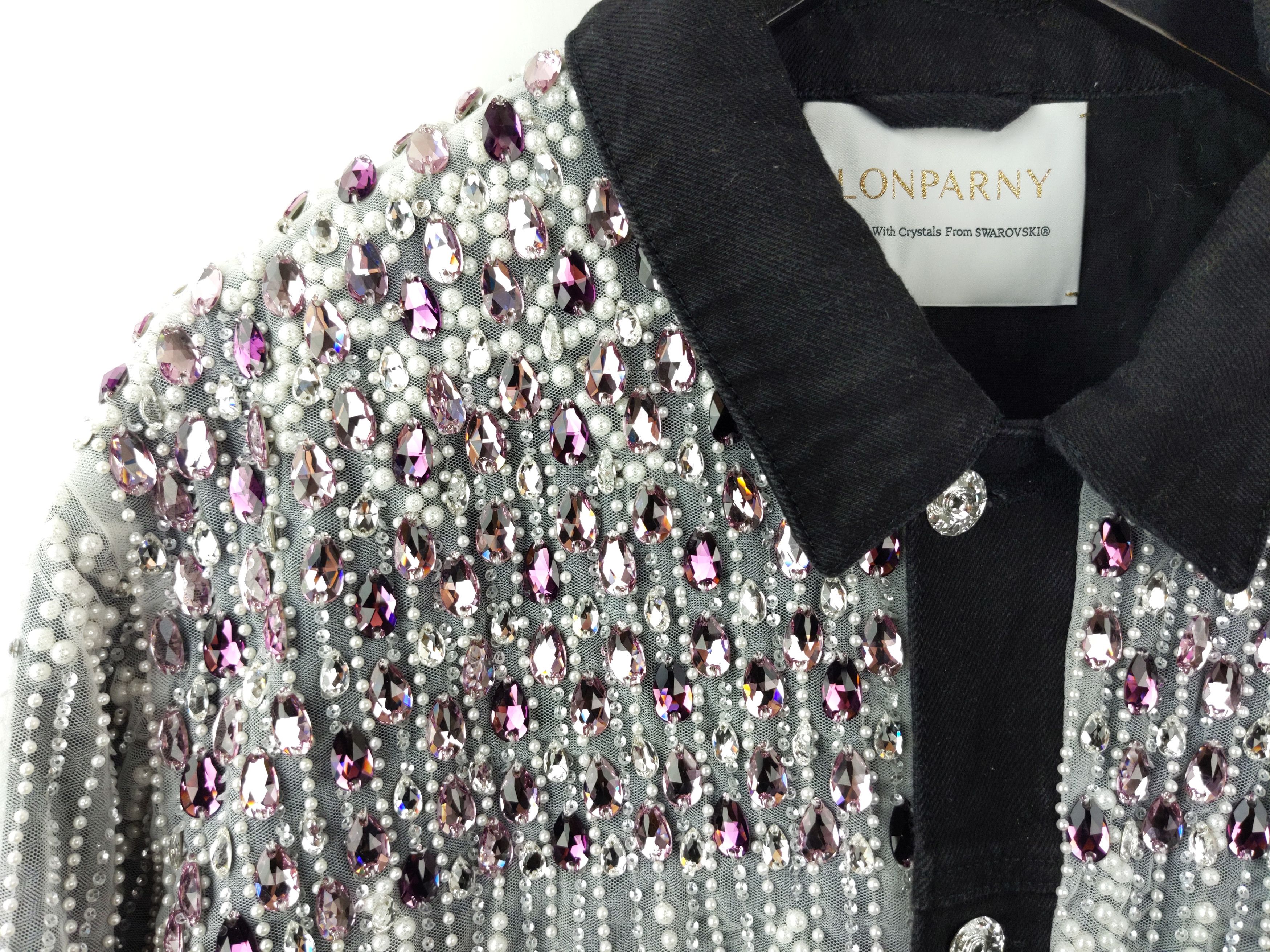 Designer $8K LONPARNY Custom Swarovski Pearls Crystal Denim Jacket Size US L / EU 52-54 / 3 - 5 Thumbnail