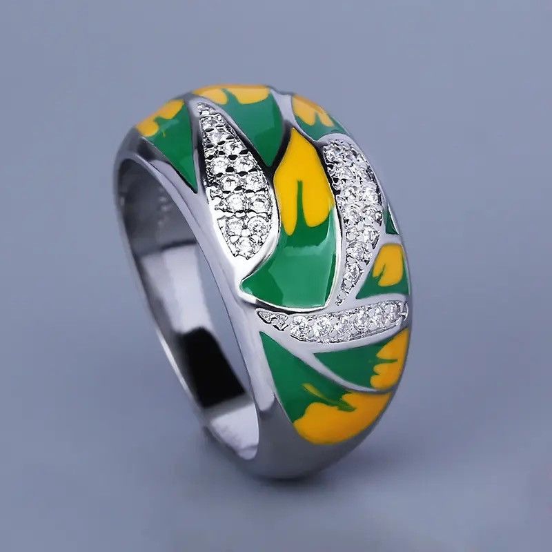 Jewelry × Vintage Creative Enamel Leaf Ring Size ONE SIZE - 1 Thumbnail