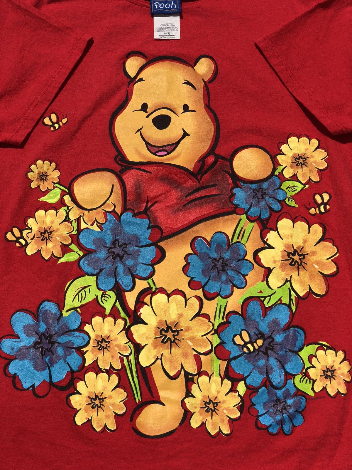 Cartoon Network Vintage 90s Winnie The Pooh Flowers Red Tee (Beauty Beast) Size US L / EU 52-54 / 3 - 2 Thumbnail