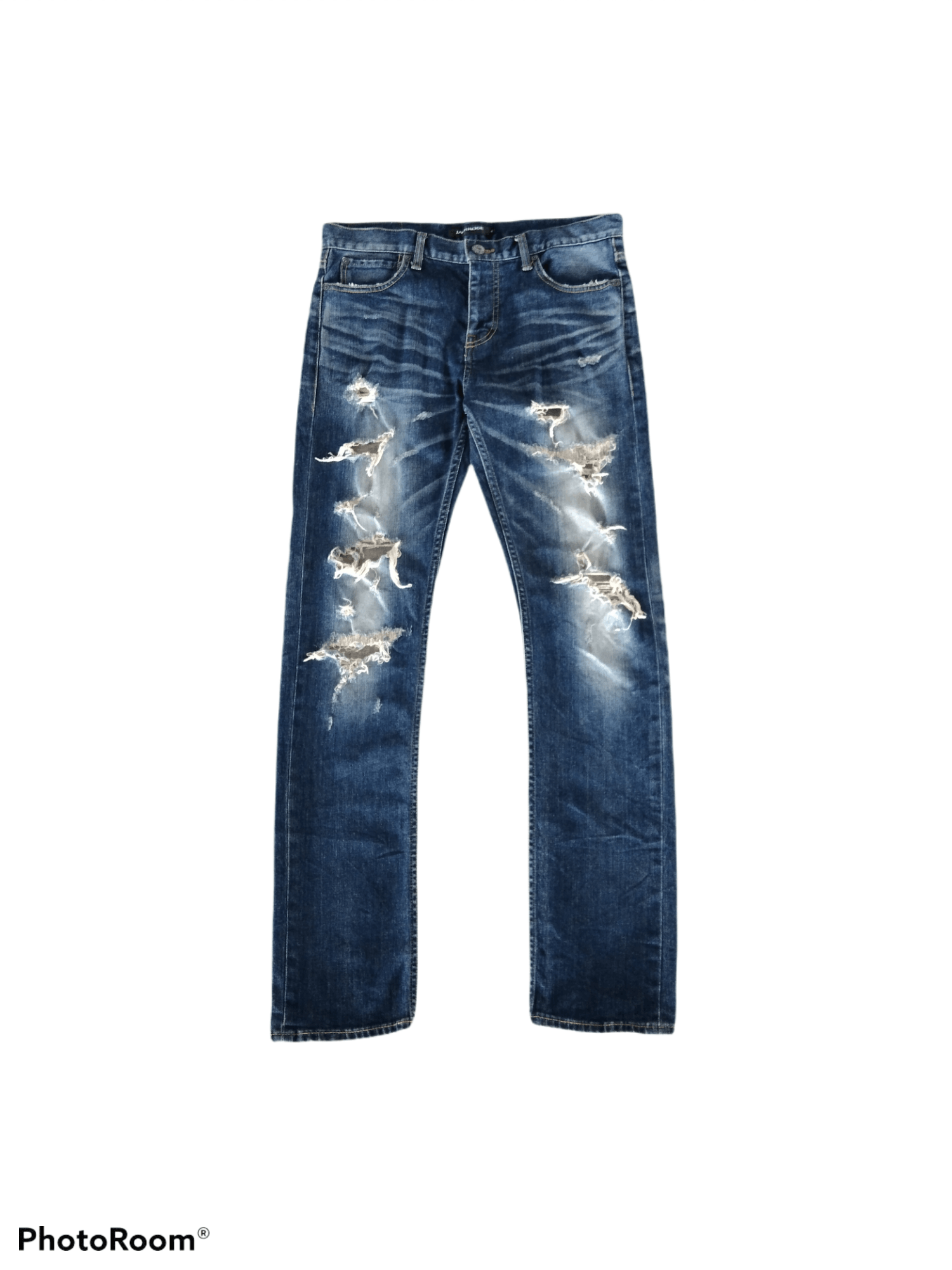 image of Avant Garde x Jack Rose Made In Japan Distressed Riped Jack Rose Denim Pants in Blue Distressed (Si