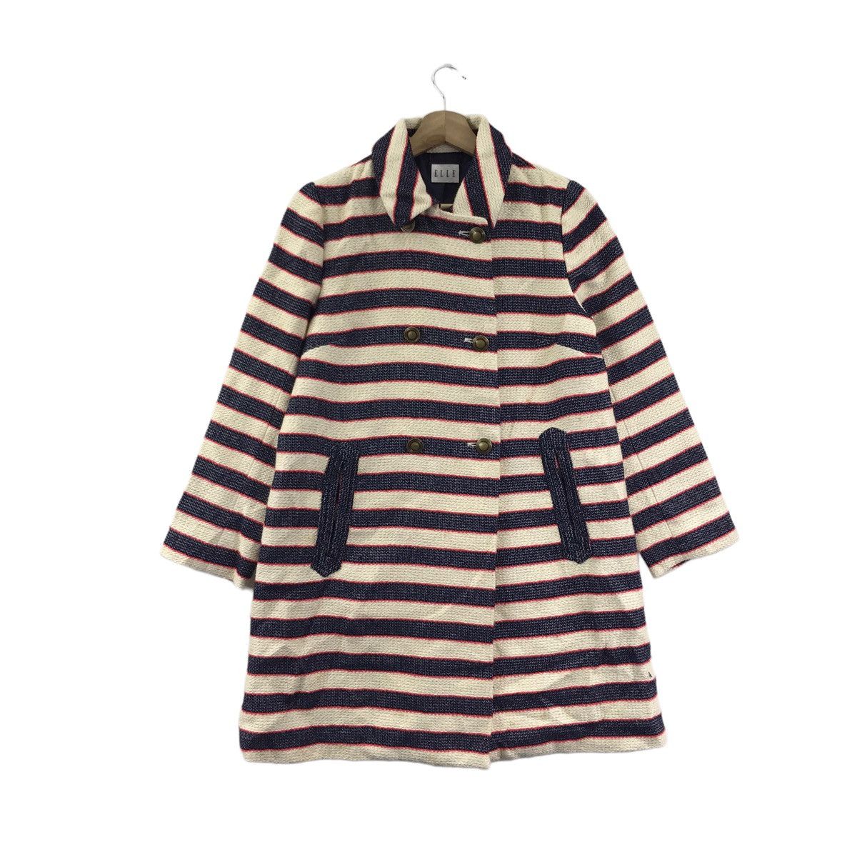 Vintage ELLE Stripes Wool Overcoat Long Coat Size S / US 4 / IT 40 - 1 Thumbnail