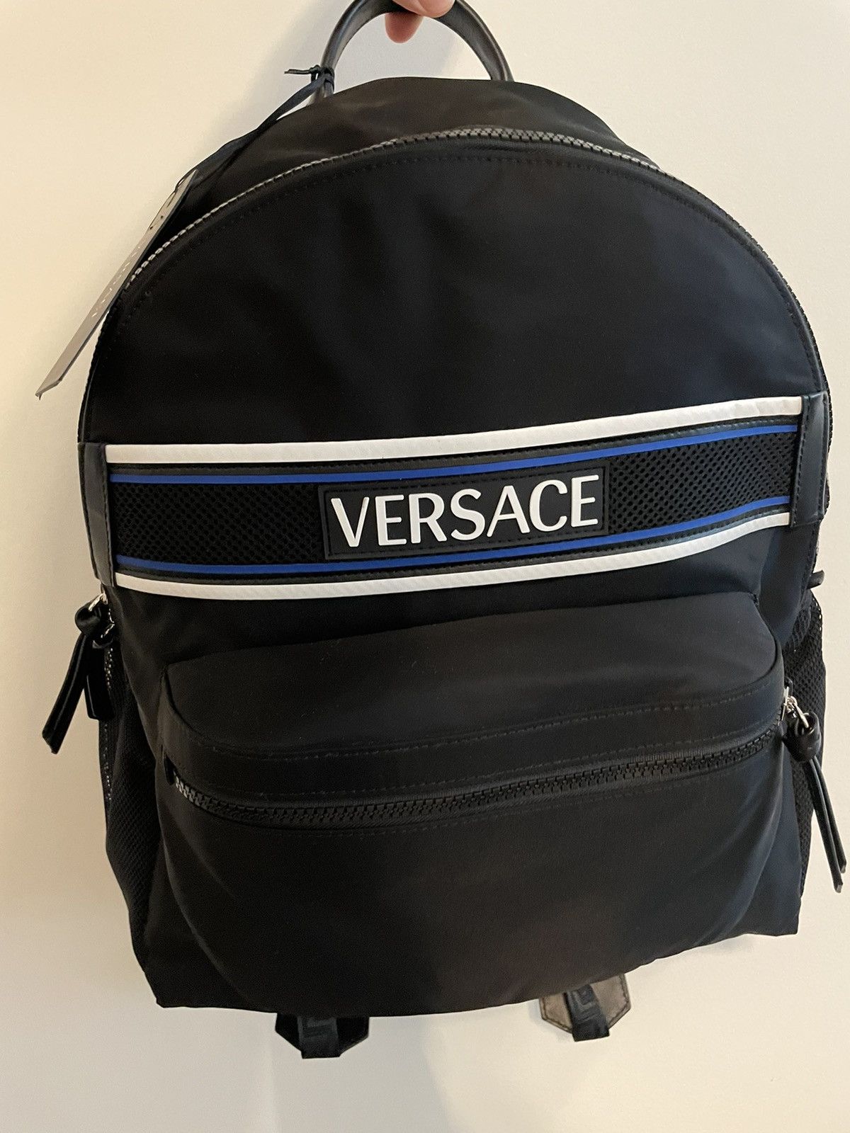 image of New Super Runway Limited Edition Versace Logo Backpack Bag in Black, Men's