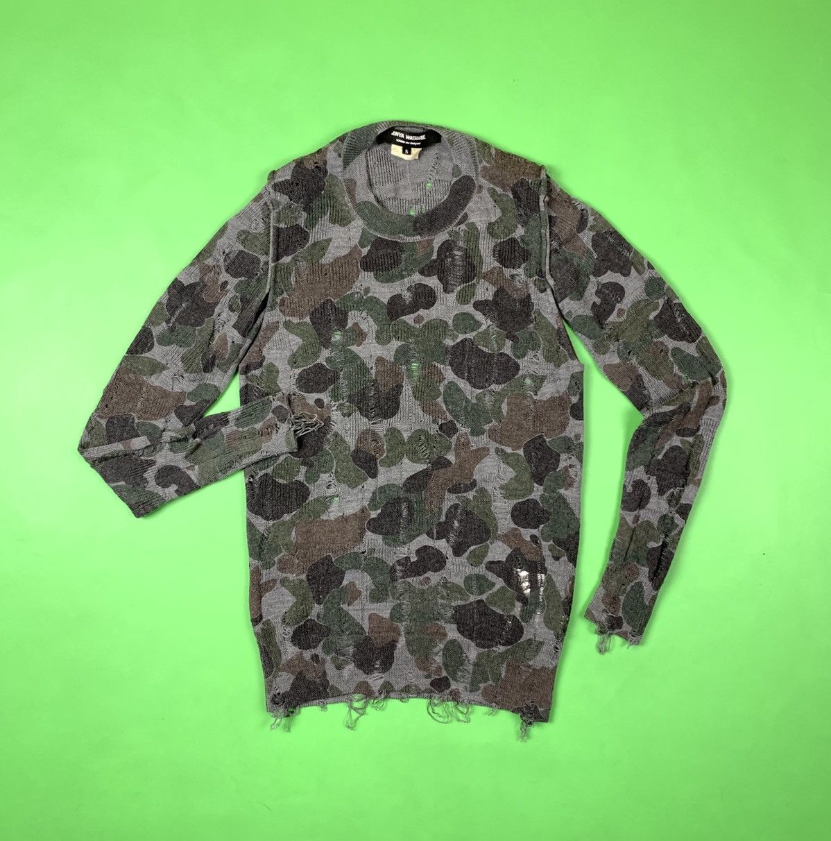 image of Comme Des Garcons Distressed Camouflage Wool Sweater, Men's (Size Small)