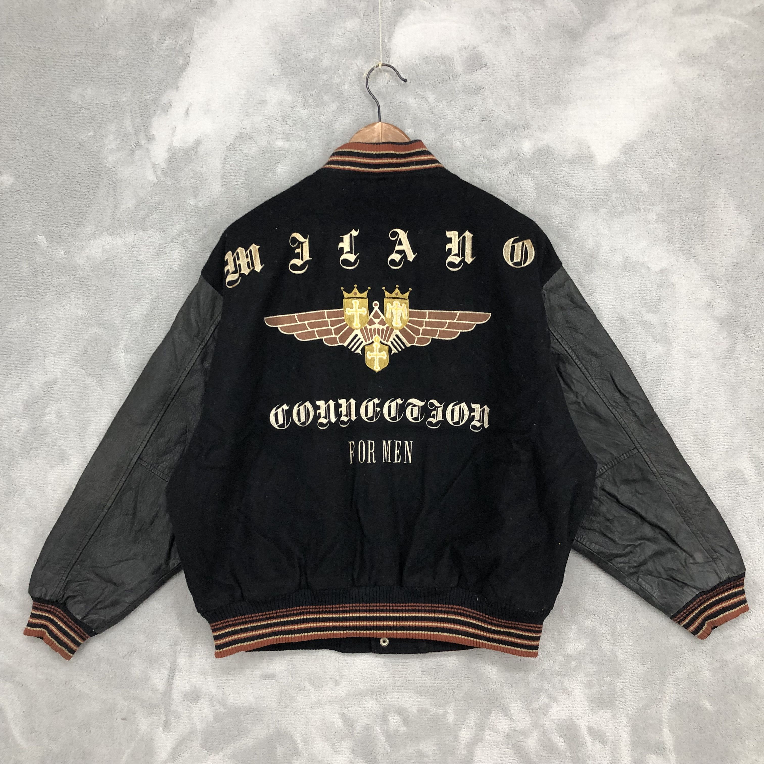 image of Milano Uomo x Varsity Jacket Milano Connection Varsity Jacket Wool Leather Letterman in Black/Brown