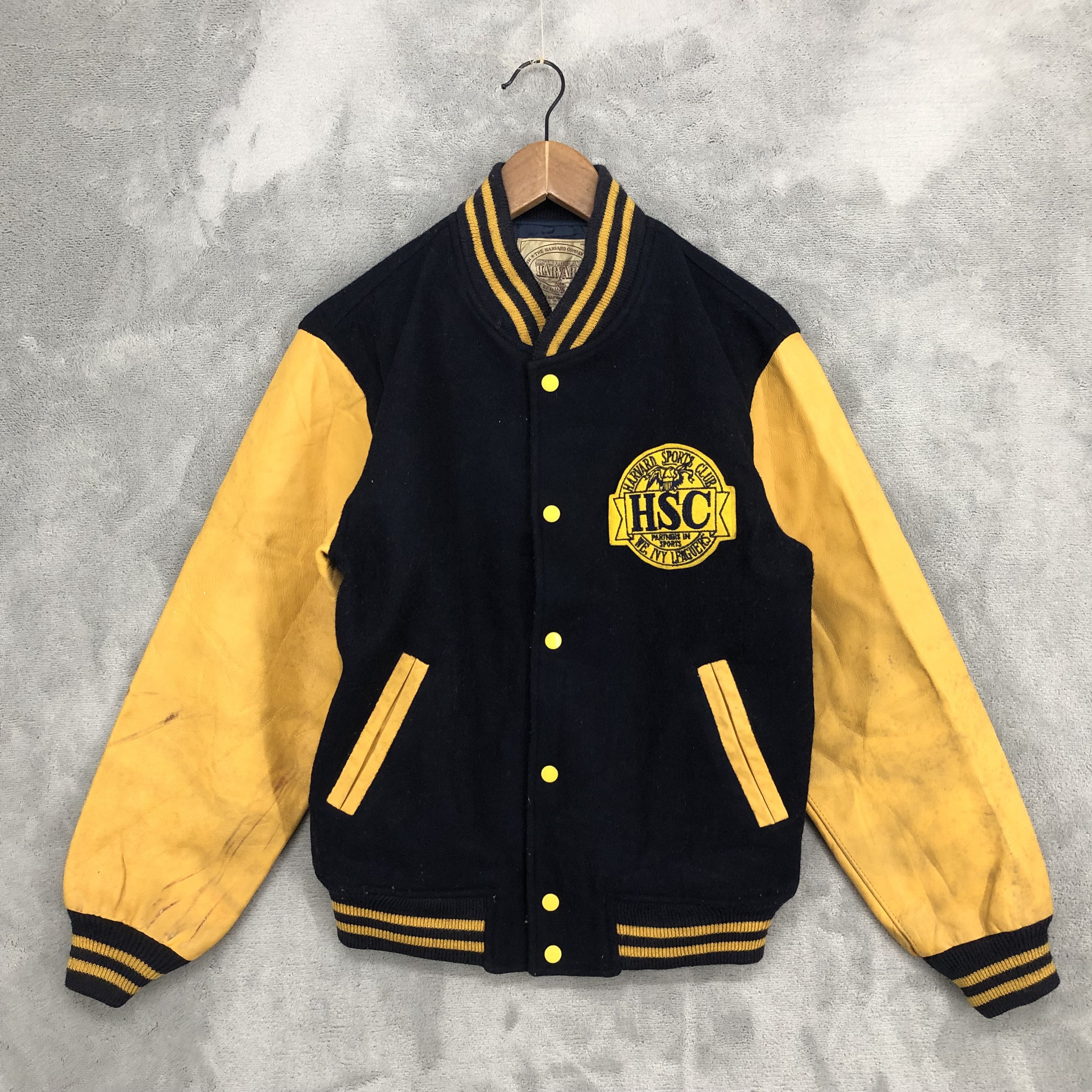 image of Leather Jacket x Varsity Jacket Vintage Harvard Sports Club Varsity Leather Letterman in Blue/Yello