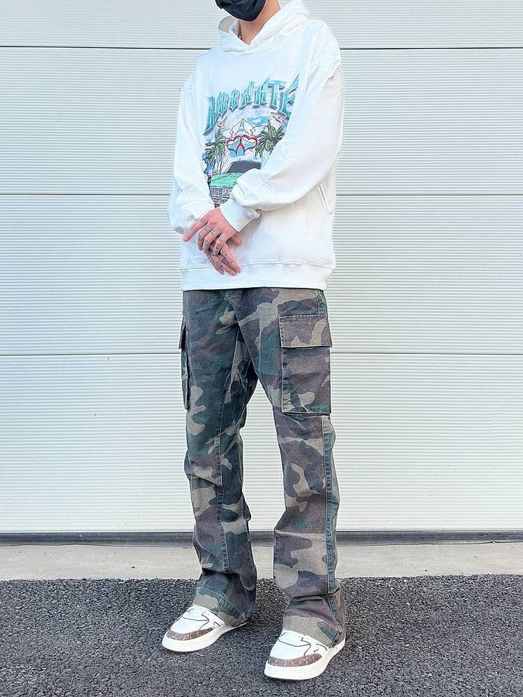 washed faded utility punk hiphop camo flared cargo pants