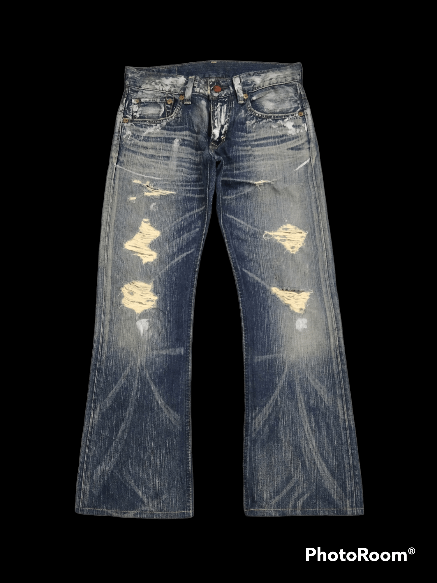 Edwin FLARE🔥DISTRESED RIPED SPLATTED EDWIN BLUE TRIP Size US 30 / EU 46 - 1 Thumbnail