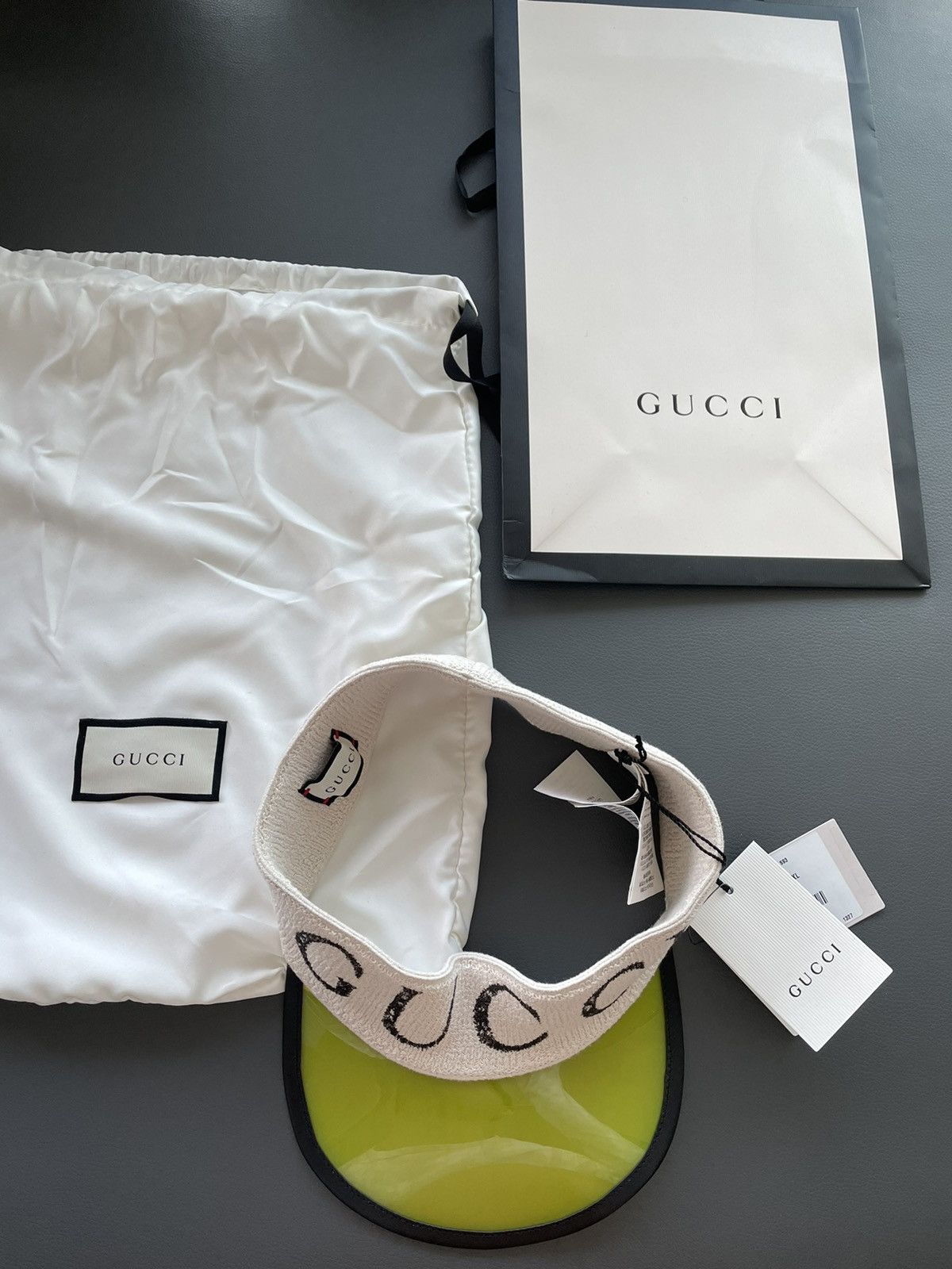 Gucci Limited RARE Super Runway Vinyl Gucci Logo Elastic Visor Hat Size ONE SIZE - 13 Thumbnail