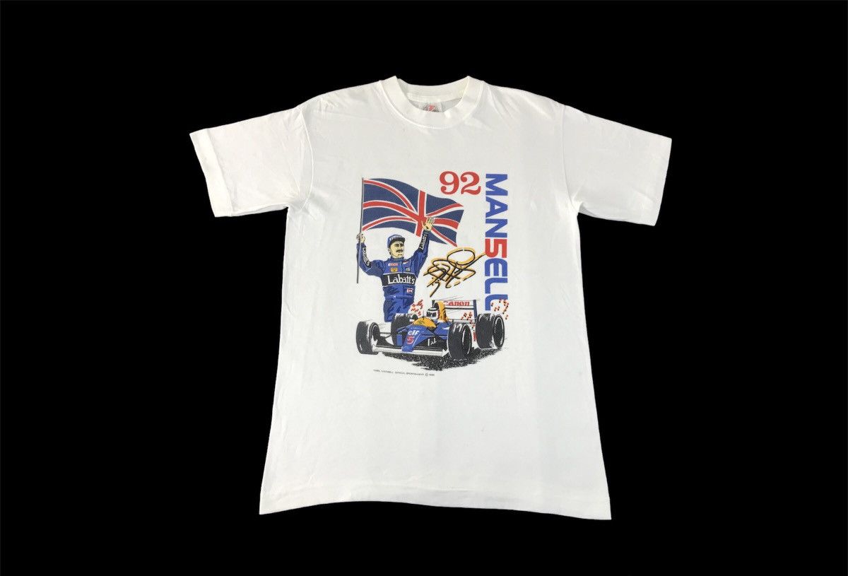 Image of Very Vintage Nigel Mansell British Racing Driver 1992 Tee Big Printed in White, Men's (Size Small)