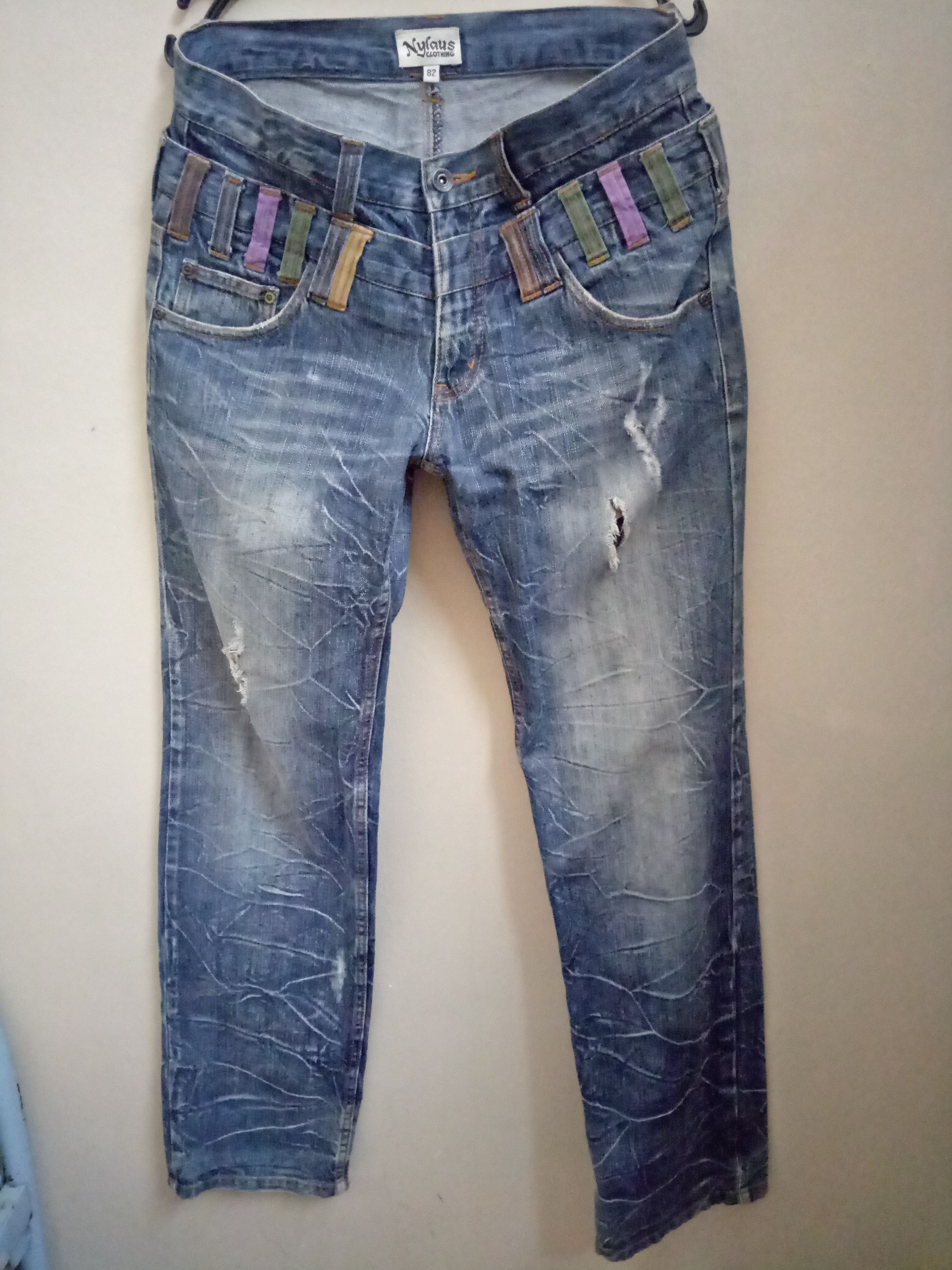 image of Nylaus Jeans Double Waist Lightning Distressed in Distressed Denim /Designer / (Size 34)