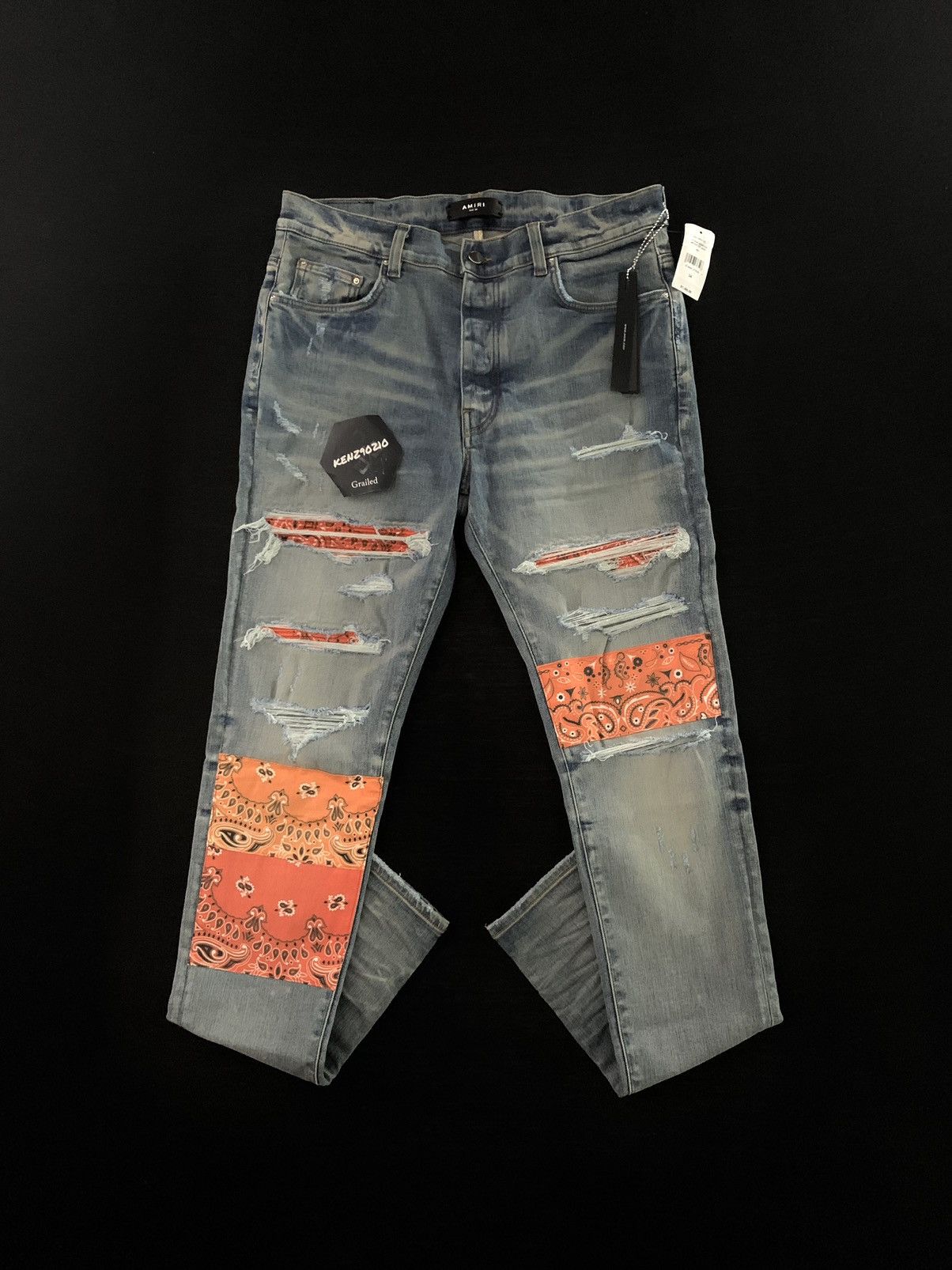Pre-owned Amiri Orange Bandana Art Patch Denim Jeans In Blue