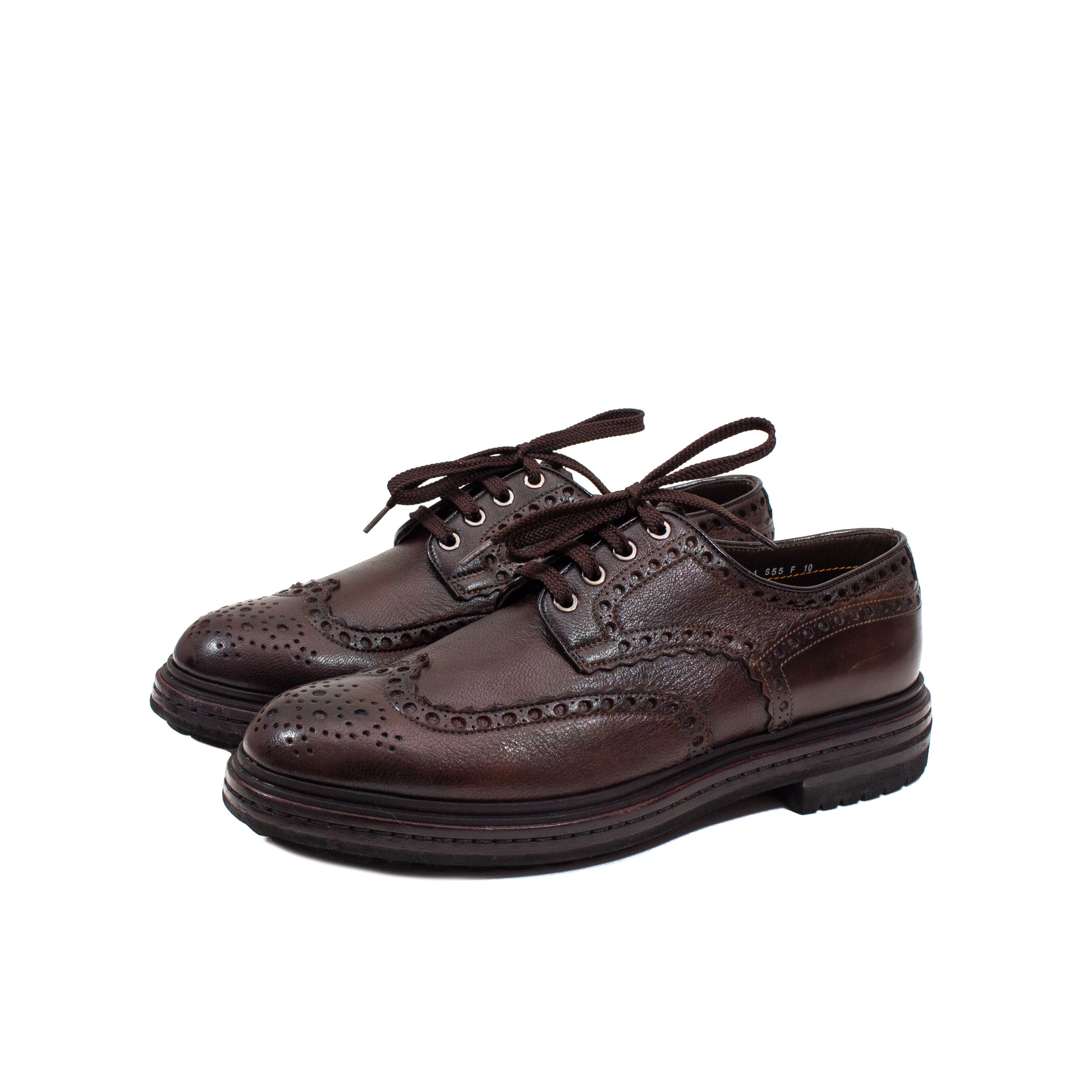 image of 890$ Santoni Oxford Laced Wingtip Brogue In Brown Leather Shoes, Men's (Size 11)