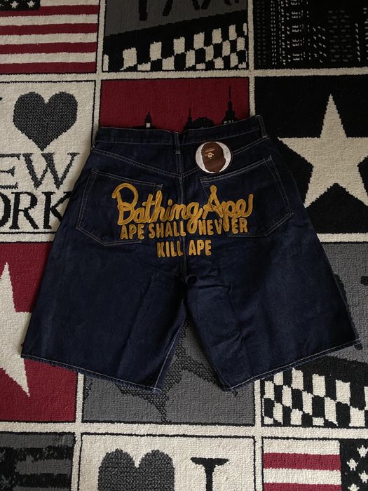 Bape Bape Champion Logo Embroidered Denim Shorts | Grailed