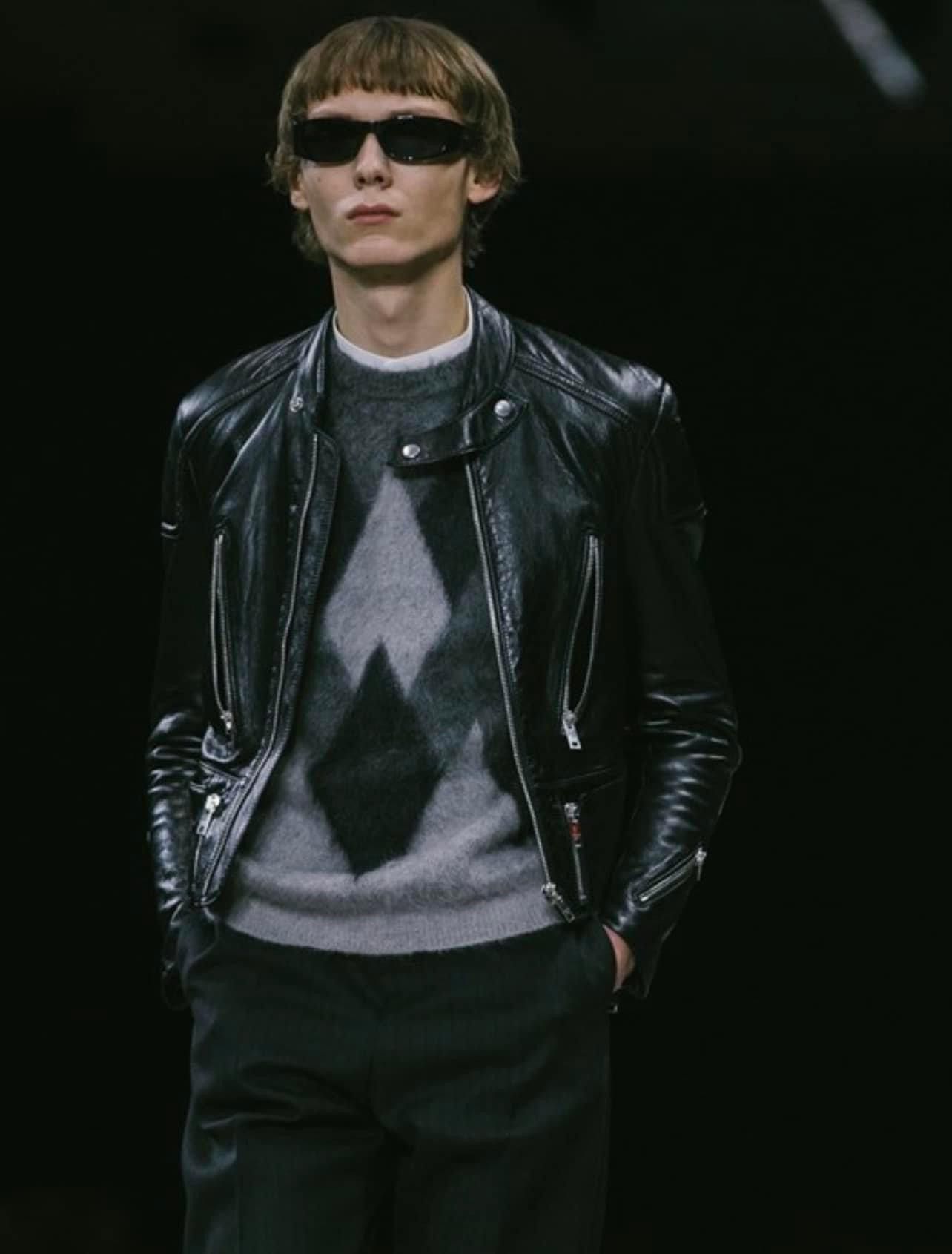 Image of Celine x Hedi Slimane Fw19 Runway Argyle Mohair Knit Sweater in Gray Black, Men's (Size XS)