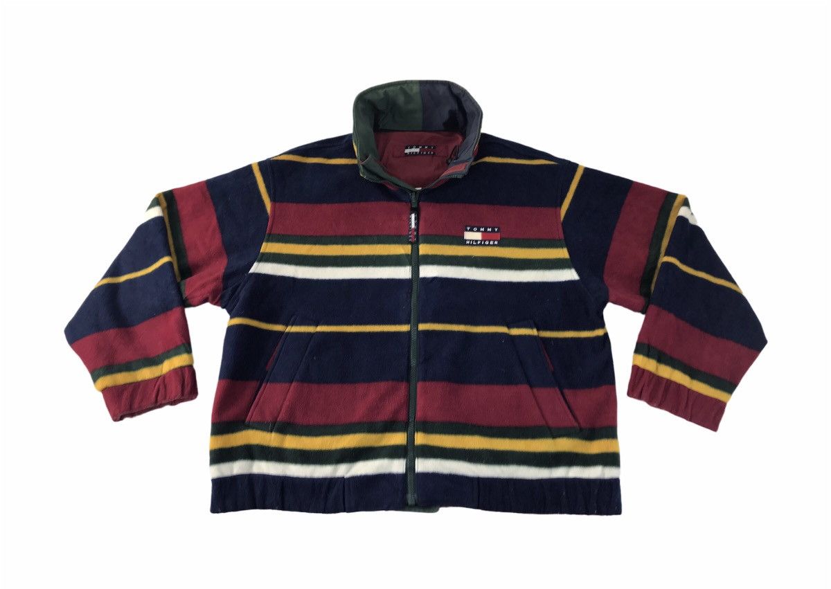 image of Coloured Cable Knit Sweater x Tommy Hilfiger Wool Multi Colour Block Jacket Zipper Design (Size Lar