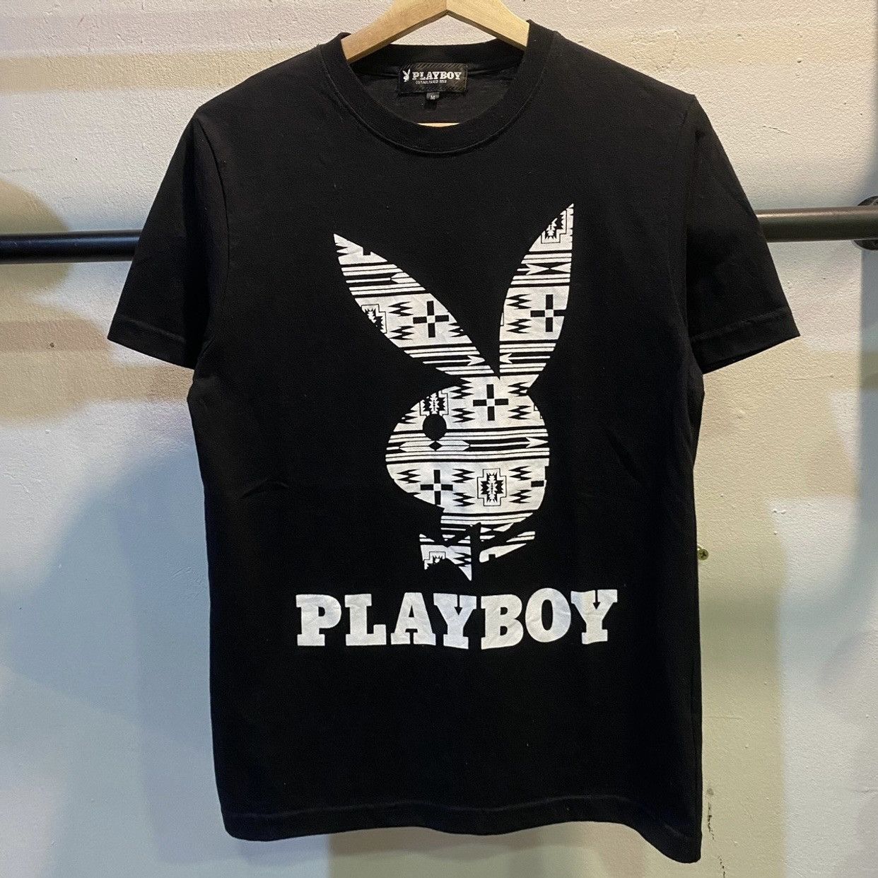 Playboy Bunny Head Spell Out Big Logo Black Tee Shirt M