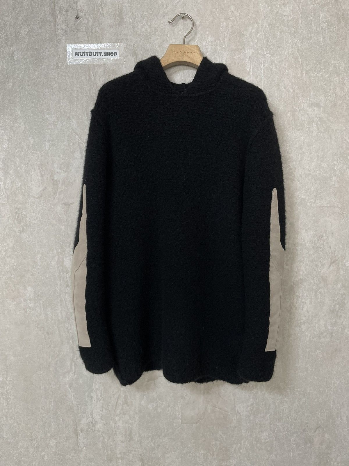 image of Rick Owens Leather Patch Hoodie Knit in Black, Men's (Size Medium)