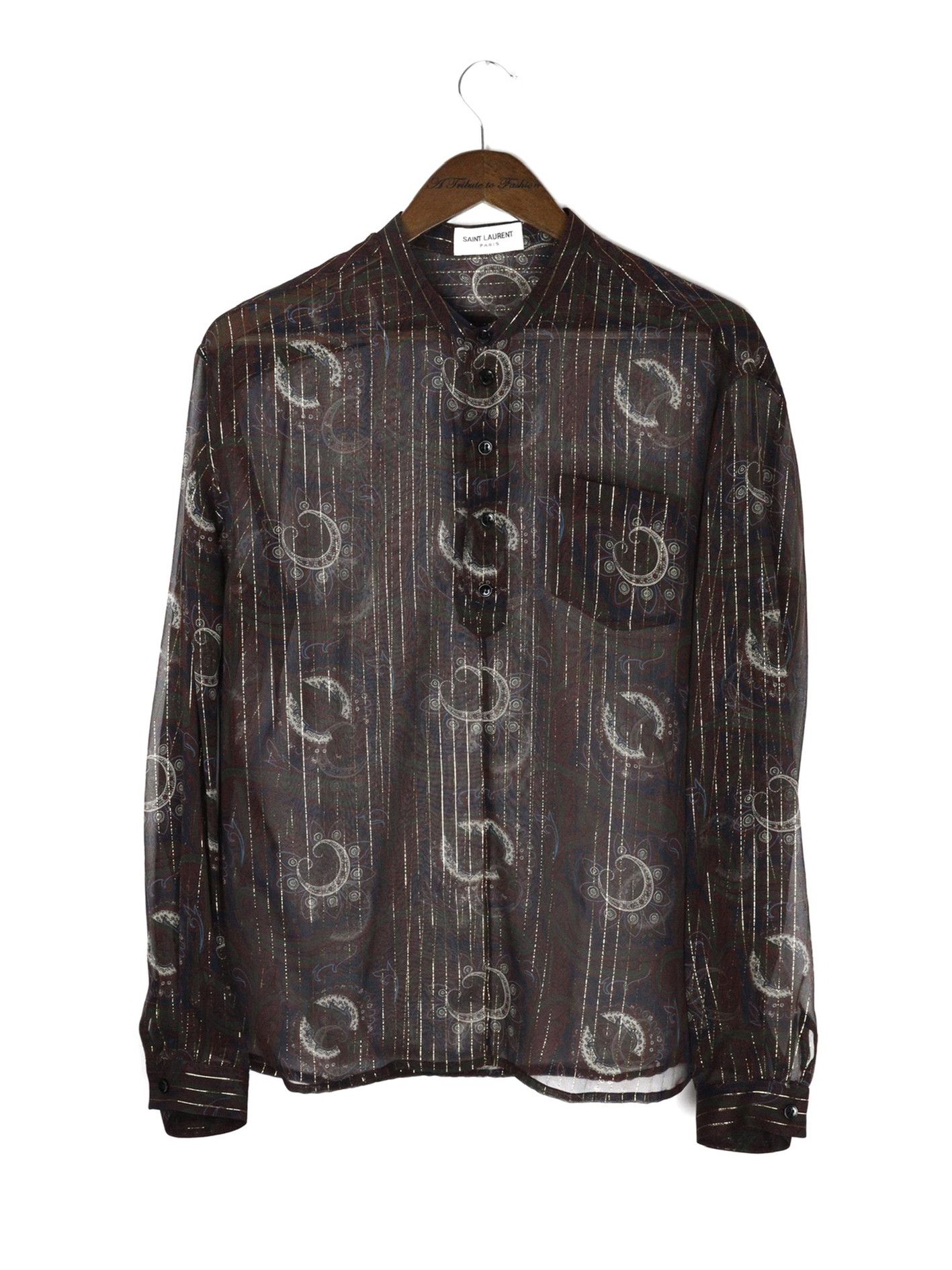 image of Saint Laurent Paris Saint Laurent Silk Gold Thread Nehru Collar Shirt Burgundy in Burgandy (Size Me