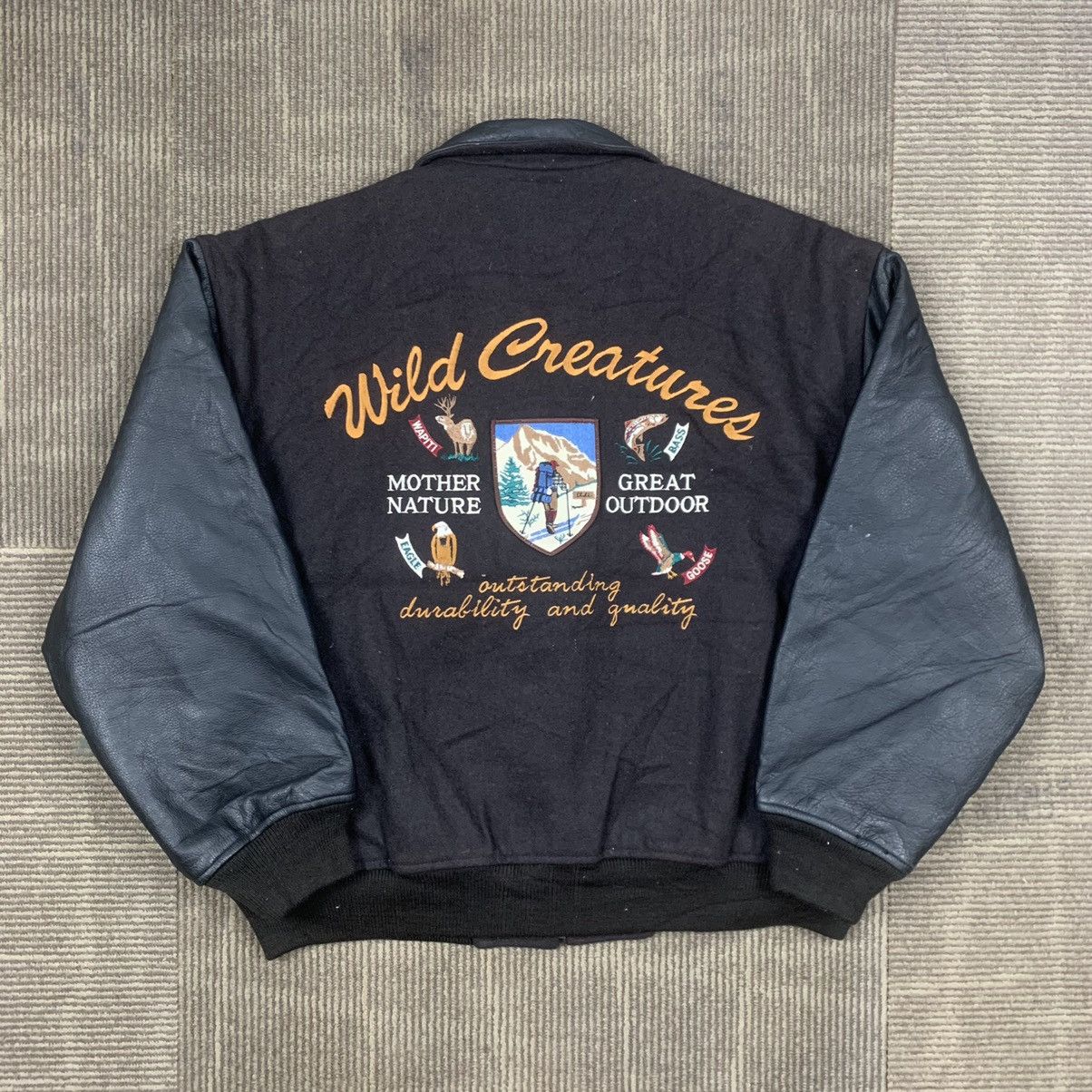 image of Leather Jacket x Varsity Jacket Vintage Bravery Wild Creature Leather Varsity Jacket in Brown (Size