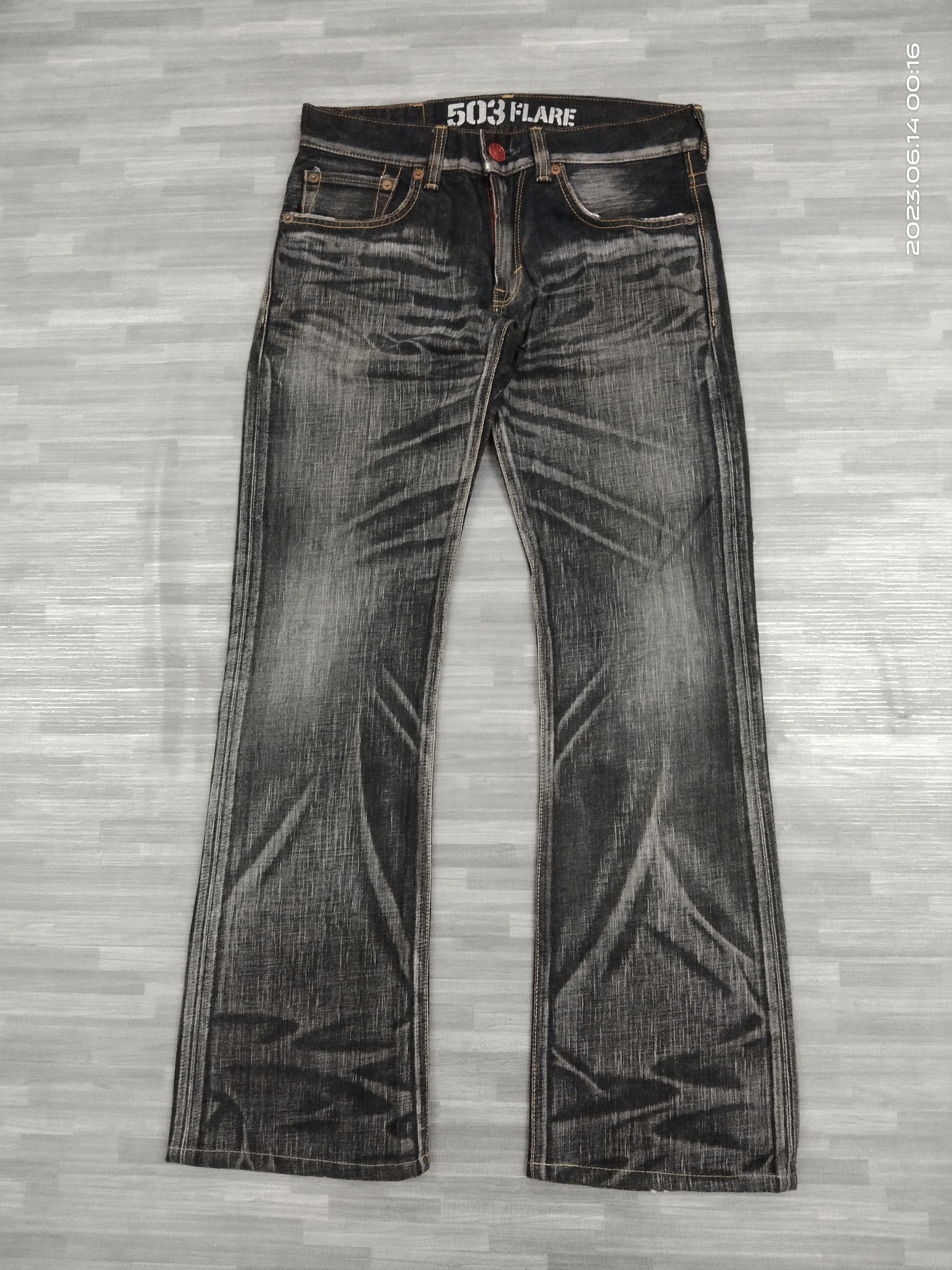 Edwin FLARE WASHED BLACK BLUE TRIP DENIM PANTS Size US 30 / EU 46 - 2 Thumbnail