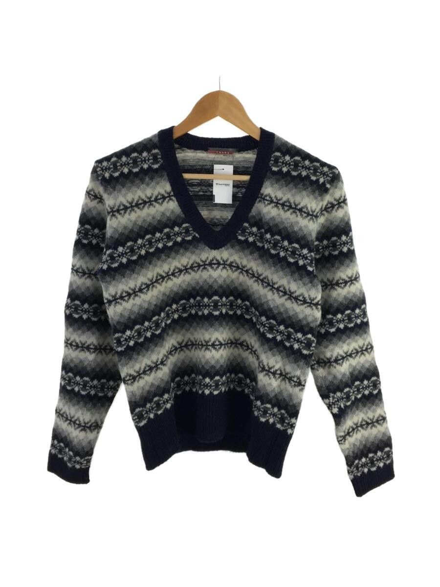 Image of Prada Nordic Pattern Wool V Neck Knit Sweater in Navy, Men's (Size Small)