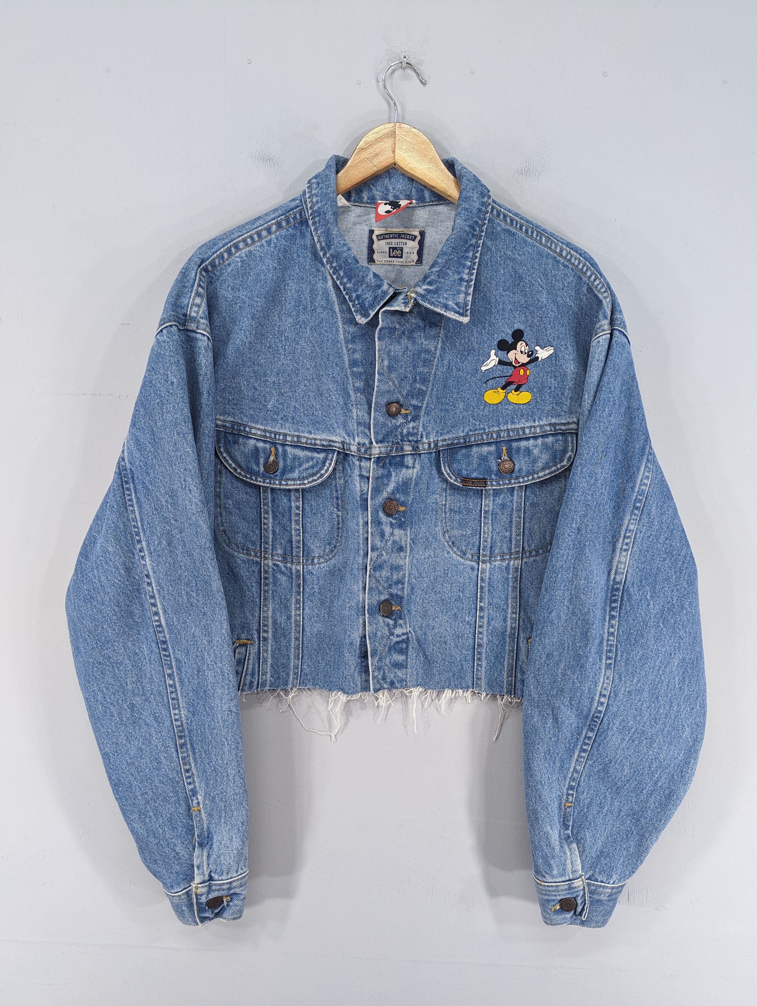 image of Disney x Lee vintage 90's Mickey X Lee Distressed Denim Jacket in Blue Denim, Women's (Size 2XL)