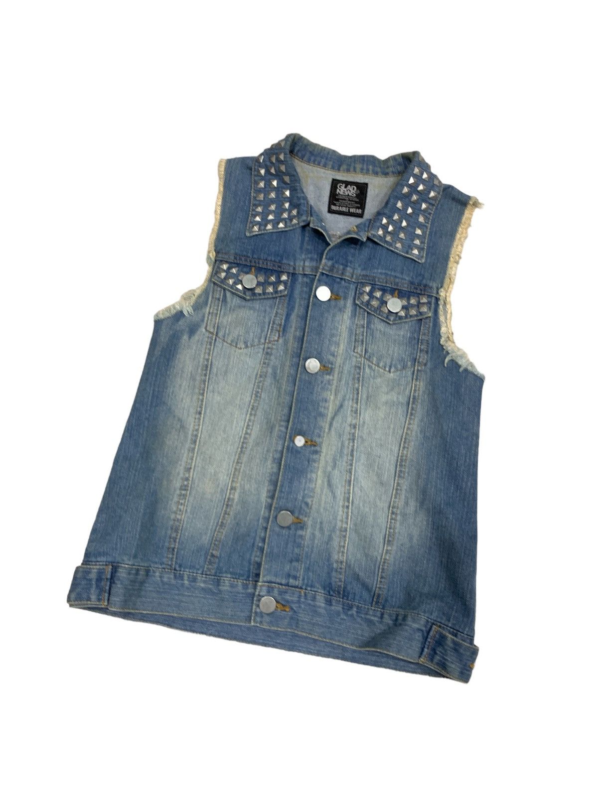 Japanese Brand GLAD NEWS STUDDED SKULL BIG PRINT SLEVELESS DENIM JACKET Size US S / EU 44-46 / 1 - 2 Thumbnail