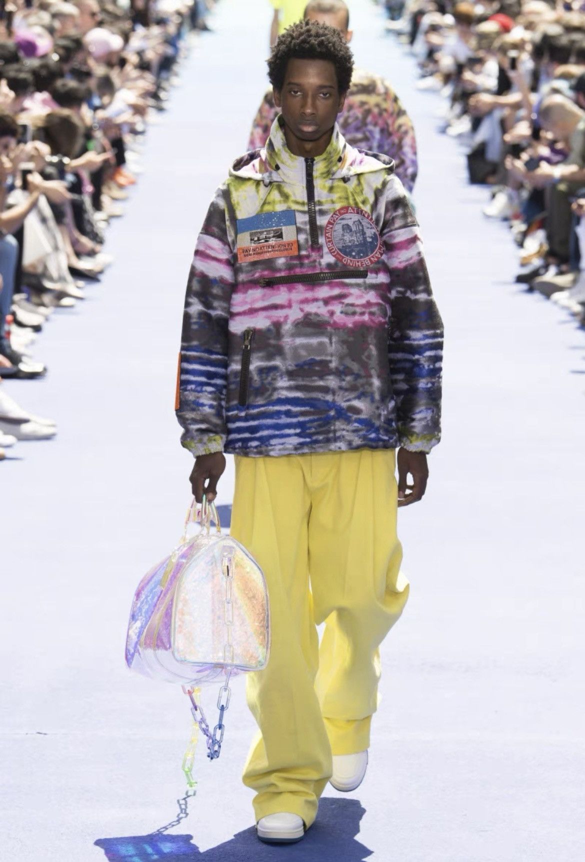 Image of Louis Vuitton x Virgil Abloh Ss19 Plain Rainbow Runway Patch Graphic Windbreaker in Black (Size Sma