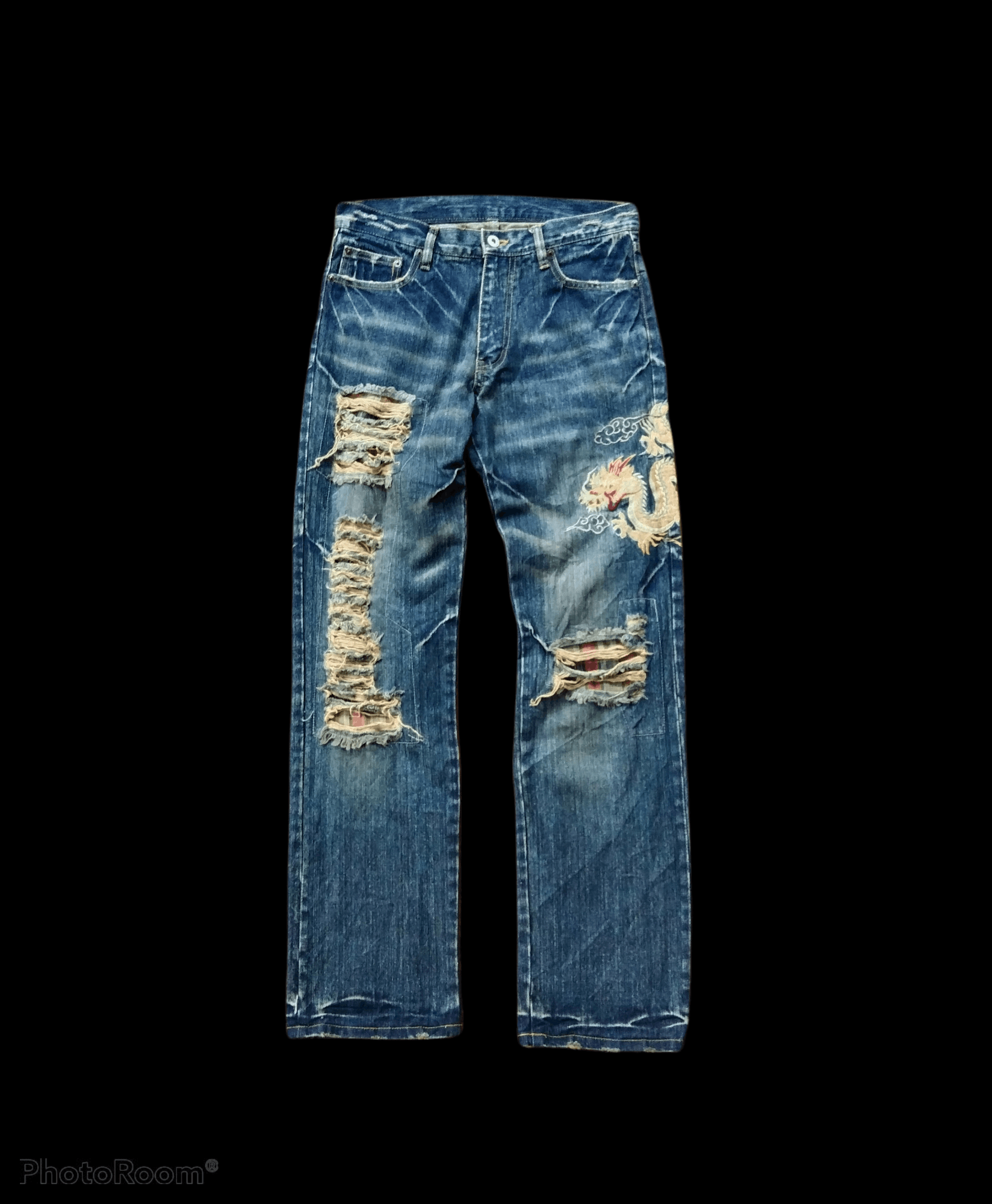 image of Art Comes First x Distressed Denim Thrash Riped Unbrand Embroidered Dragon Denim Pants in Blue Dist