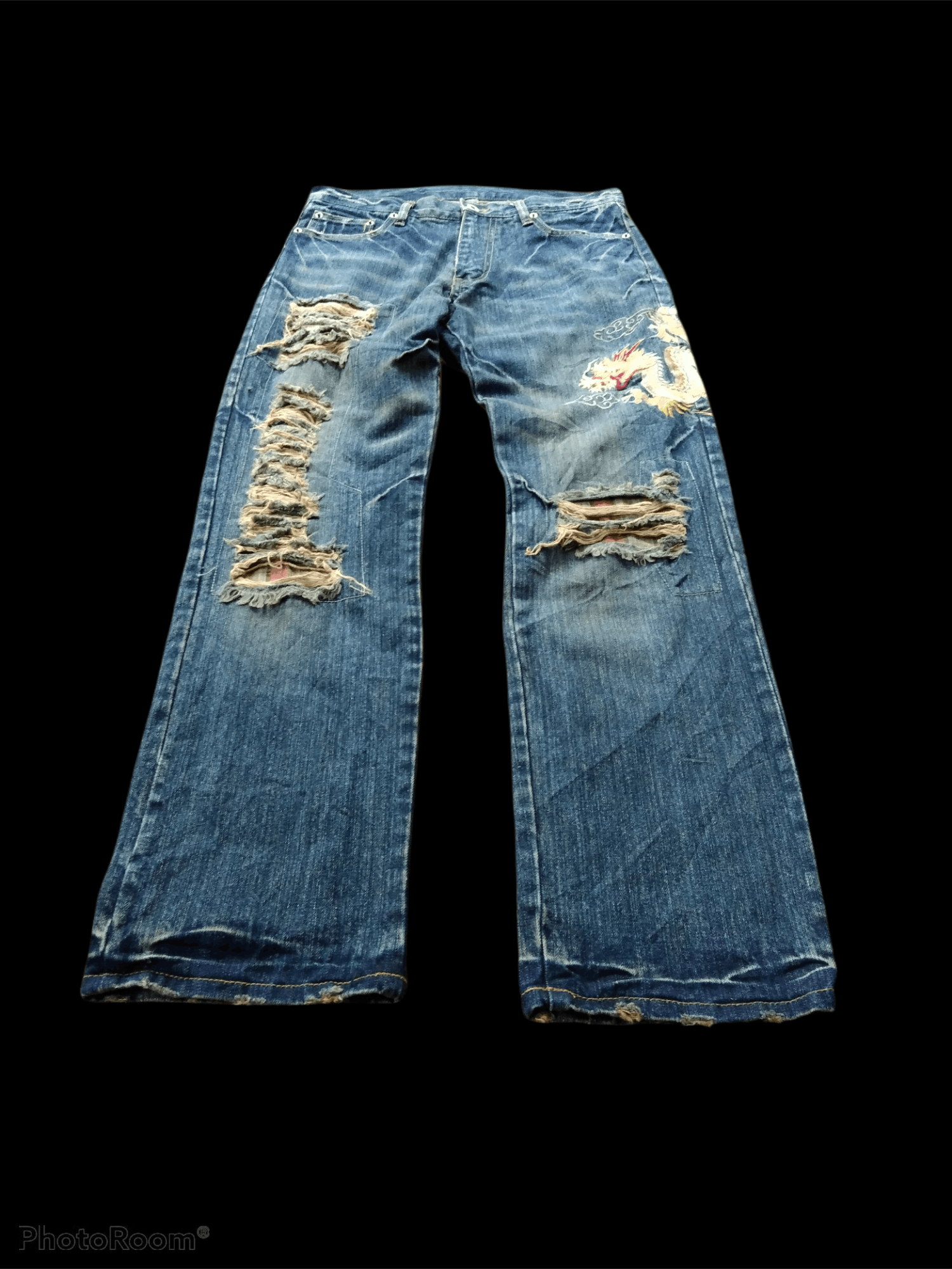 Art Comes First × Dragonfly THRASH RIPED UNBRAND EMBROIDERED DRAGON DENIM PANTS Size US 30 / EU 46 - 3 Thumbnail