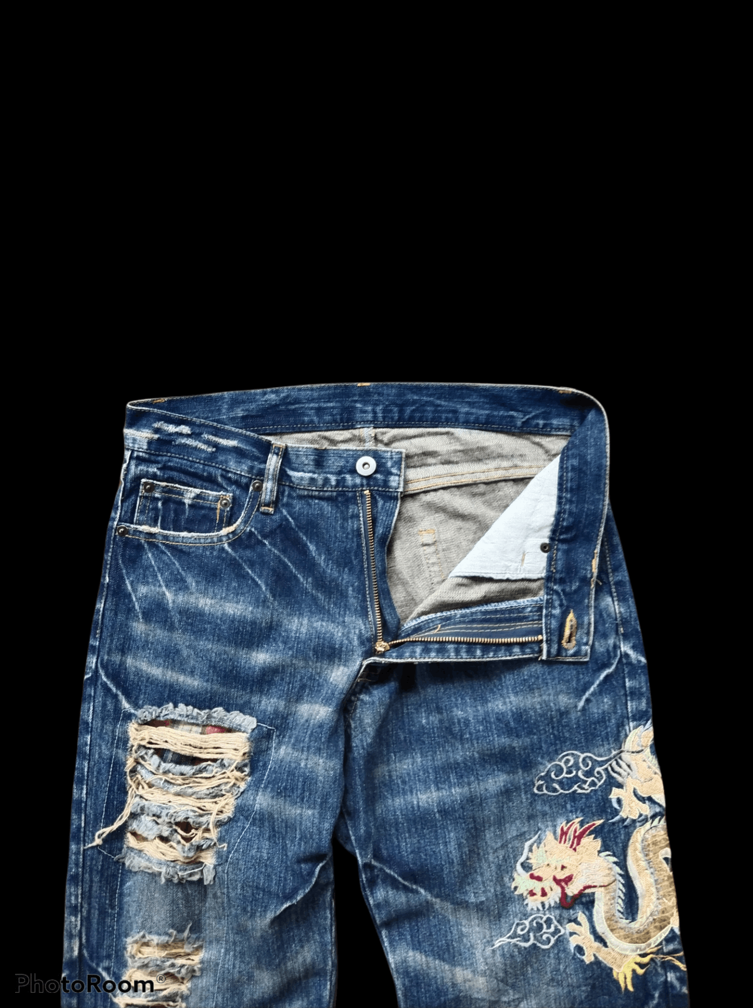 Art Comes First × Dragonfly THRASH RIPED UNBRAND EMBROIDERED DRAGON DENIM PANTS Size US 30 / EU 46 - 5 Thumbnail
